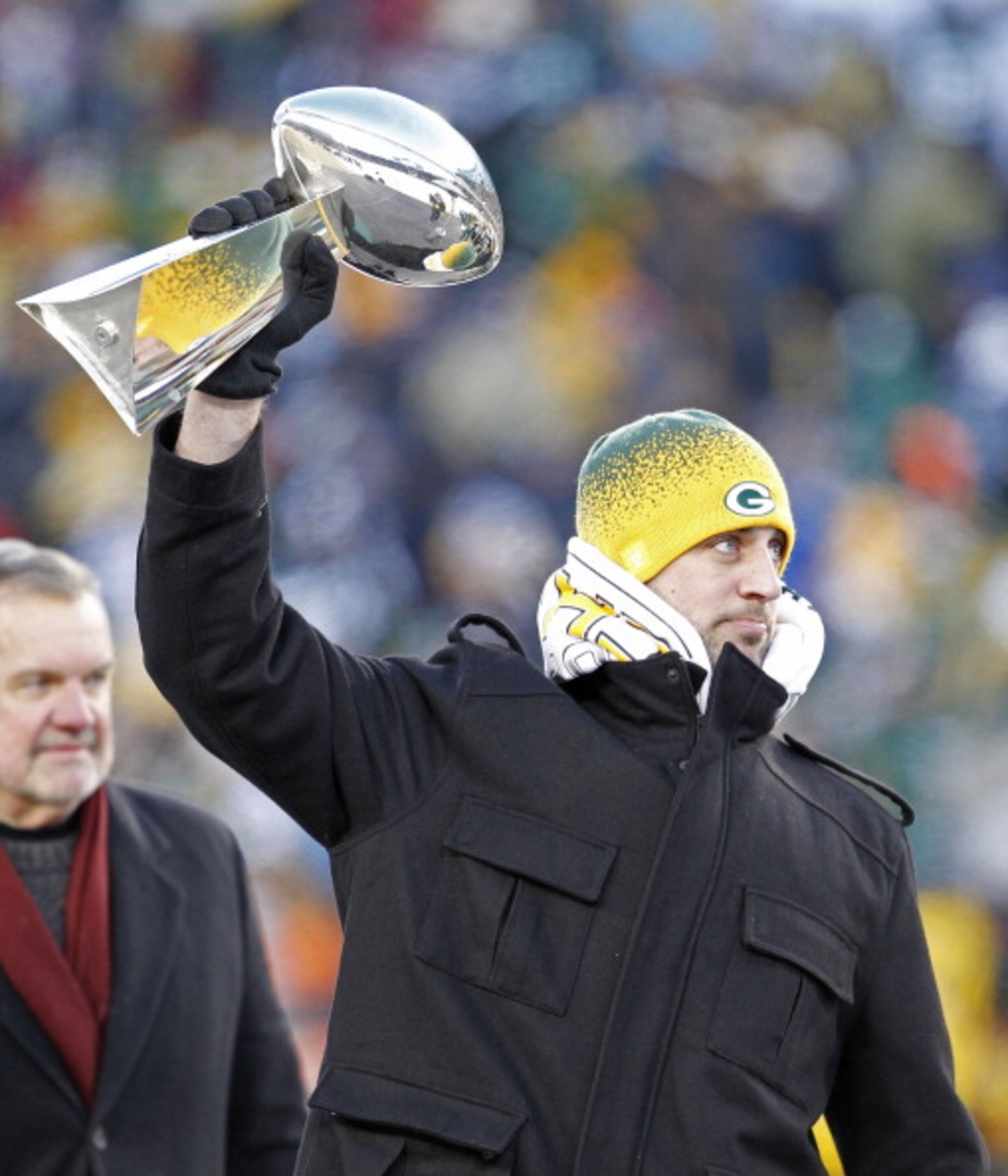 GREEN BAY, WI - FEBRUARY 08: Green Bay Packers quarterback Aaron Rodgers hoists the Lombardi Trophy during the Packers victory ceremony at Lambeau Field on February 8, 2011 in Green Bay, Wisconsin. (Photo by Matt Ludtke/Getty Images) GREEN BAY, WI - FEBRUARY 08: Green Bay Packers quarterback Aaron Rodgers hoists the Lombardi Trophy during the Packers victory ceremony at Lambeau Field on February 8, 2011 in Green Bay, Wisconsin. (Photo by Matt Ludtke/Getty Images)