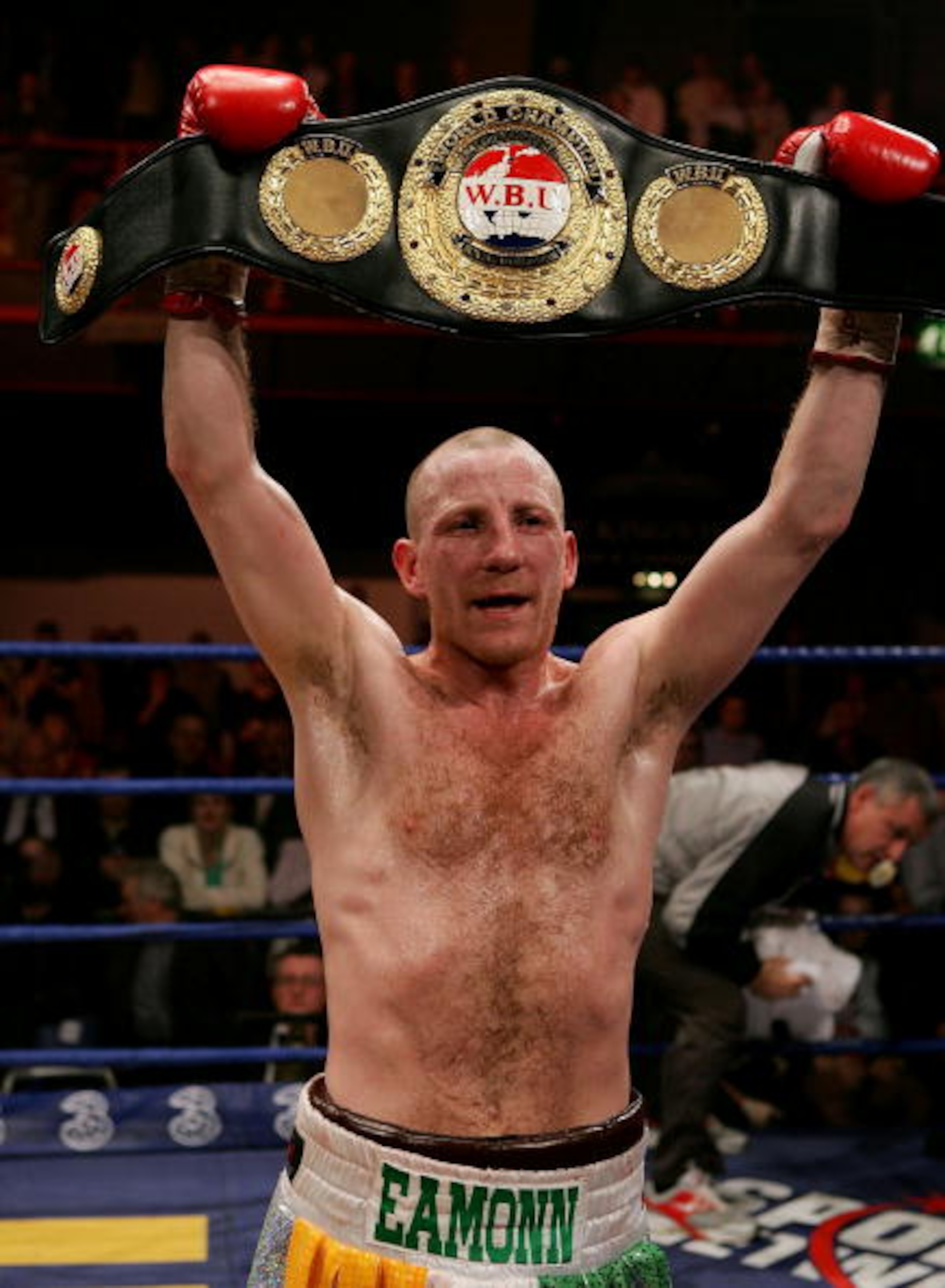 BELFAST, NORTHERN IRELAND - MARCH 18:  Eamonn Magee retains his title during the WBU Light Welterweight title fight between Eamonn Magee and Allan Vester on March 18, 2005 at the Kings Hall, Belfast, Northern Ireland.  (Photo by John Gichigi/Getty Images)