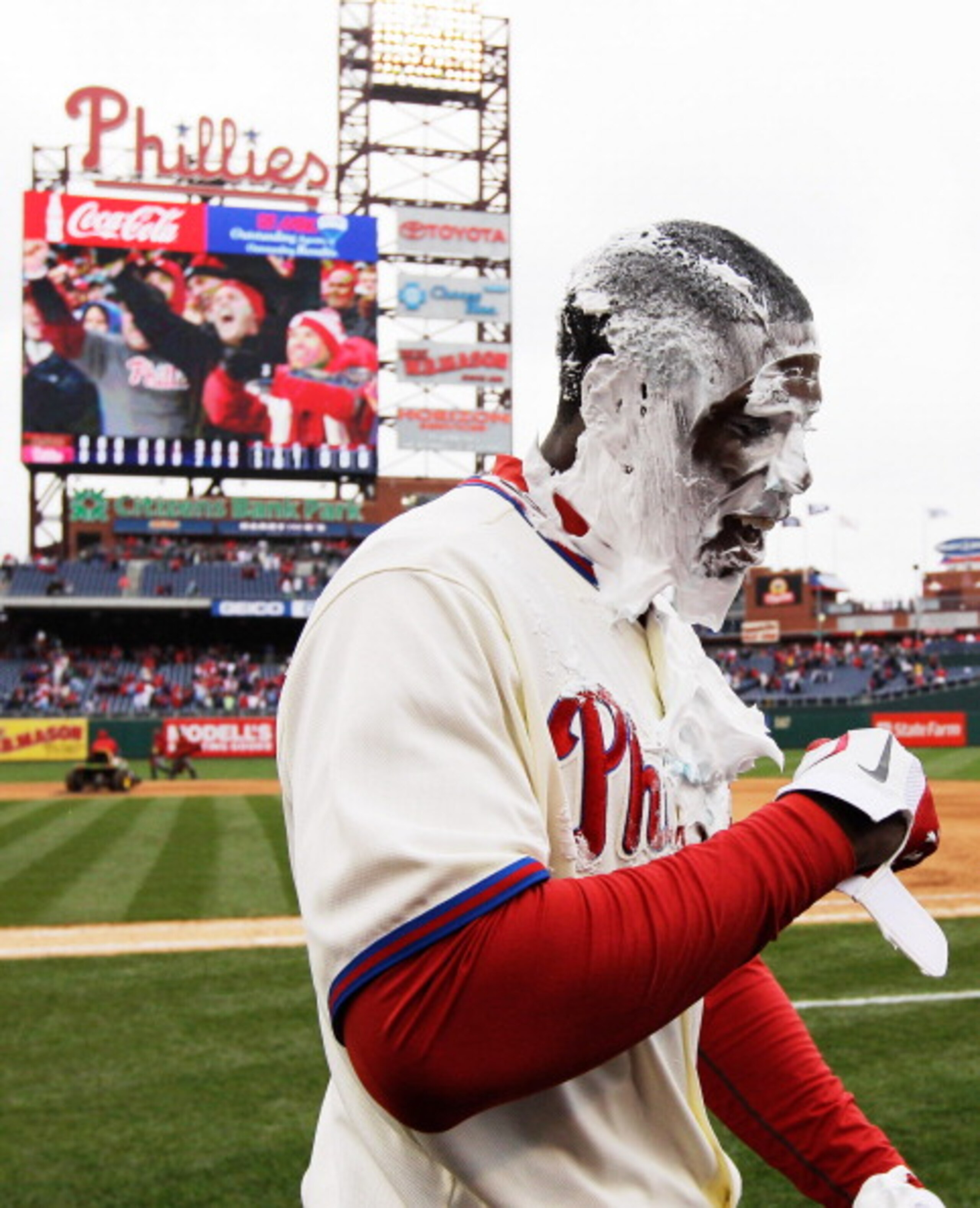 PHILADELPHIA, PA - APRIL 01: John Mayberry Jr. #15 of the Philadelphia Phillies smiles after getting hit with a cream pie after driving in the game winning run to defeat the Houston Astros 5-4 on opening day at Citizens Bank Park on April 1, 2011 in Phil PHILADELPHIA, PA - APRIL 01: John Mayberry Jr. #15 of the Philadelphia Phillies smiles after getting hit with a cream pie after driving in the game winning run to defeat the Houston Astros 5-4 on opening day at Citizens Bank Park on April 1, 2011 in Phil