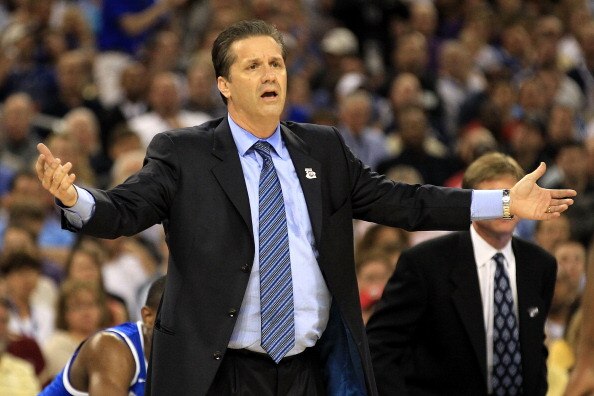 HOUSTON, TX - APRIL 02:  Head coach John Calipari of the Kentucky Wildcats gestures from the sidelines against the Connecticut Huskies during the National Semifinal game of the 2011 NCAA Division I Men's Basketball Championship at Reliant Stadium on April