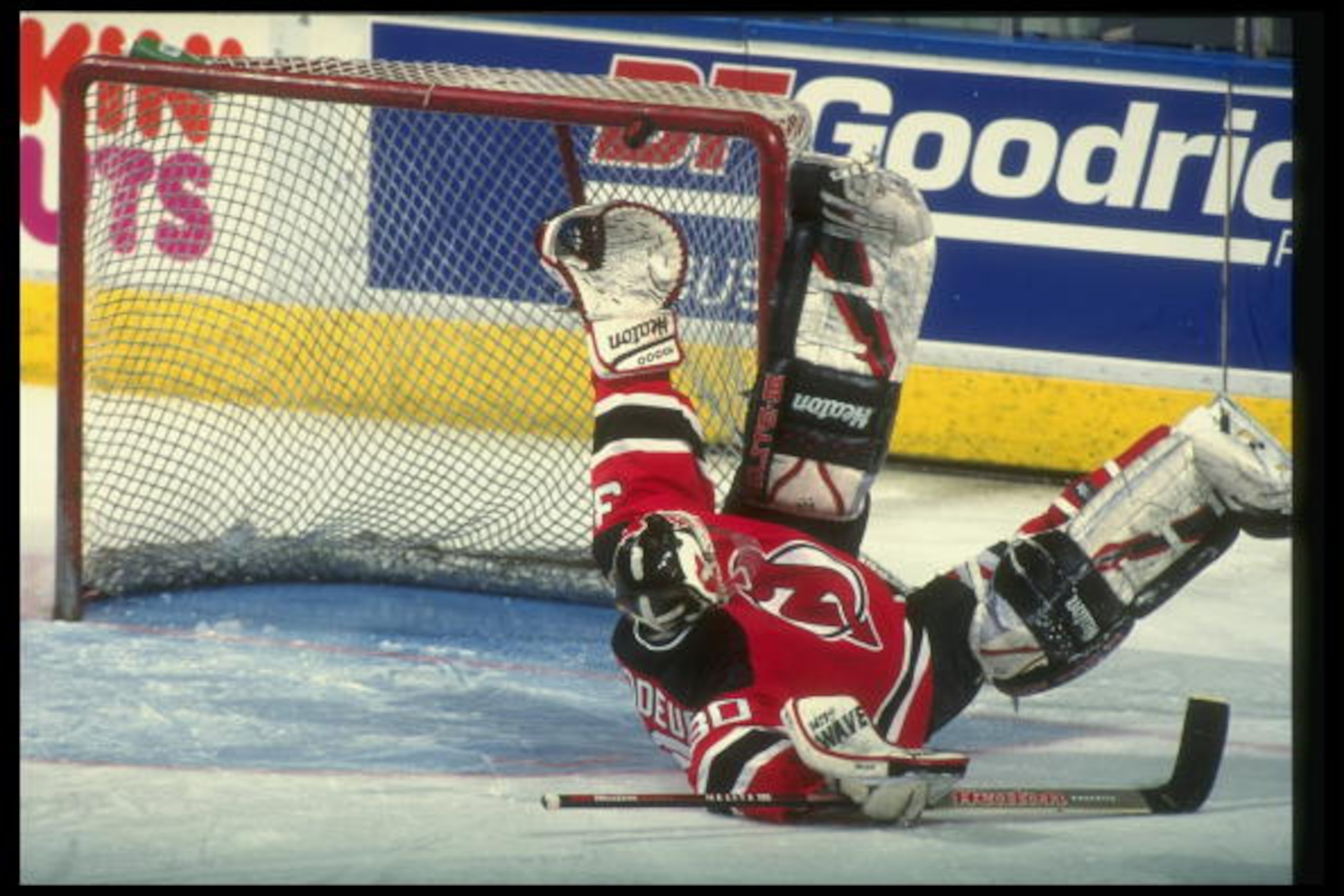 6 Mar 1995:  Goaltender Martin Brodeur of the New Jersey Devils blocks a shot during a game against the Quebec Nordiques at the Quebec Coliseum in Quebec City, Quebec. Mandatory Credit: Robert Laberge  /Allsport