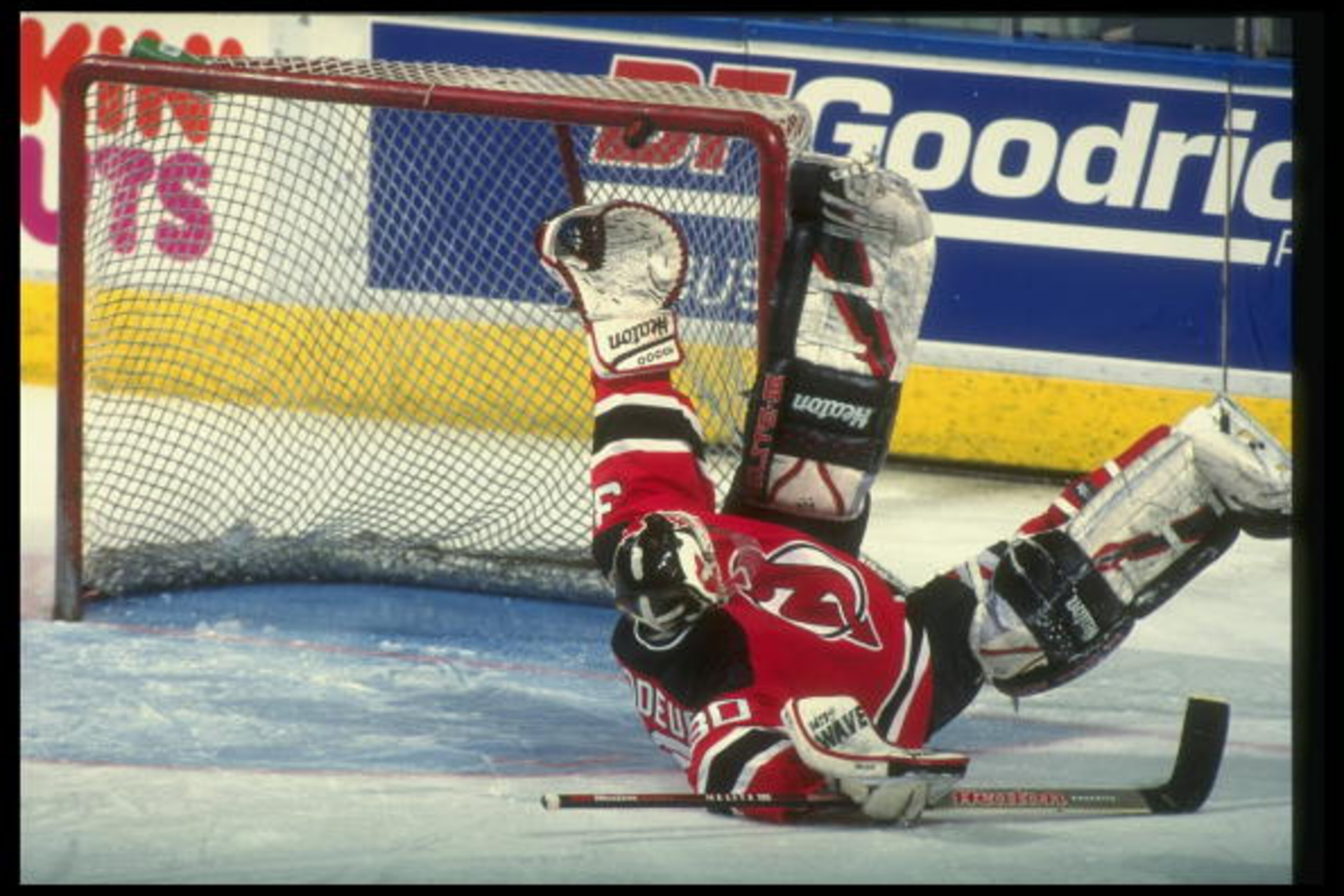 6 Mar 1995:  Goaltender Martin Brodeur of the New Jersey Devils blocks a shot during a game against the Quebec Nordiques at the Quebec Coliseum in Quebec City, Quebec. Mandatory Credit: Robert Laberge  /Allsport