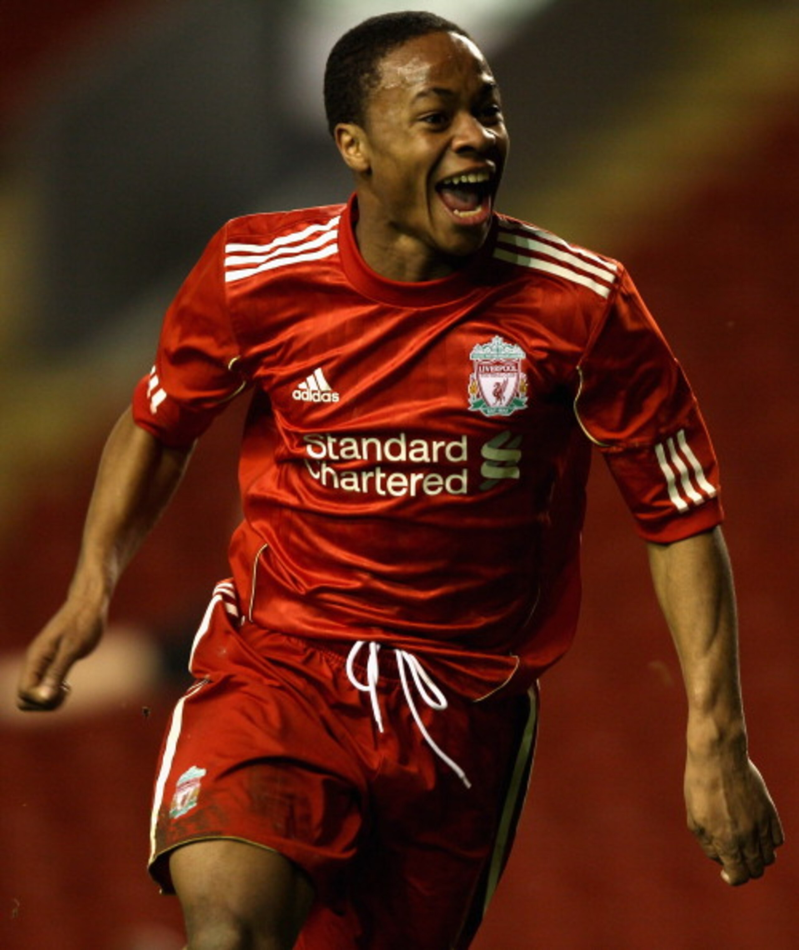 LIVERPOOL, ENGLAND - FEBRUARY 14: Raheem Sterling of Liverpool celebrates after scoring his first goal during the FA Youth Cup match between Liverpool and Southend United at Anfield on February 14, 2011 in Liverpool, England. (Photo by Clive Brunskill/G LIVERPOOL, ENGLAND - FEBRUARY 14: Raheem Sterling of Liverpool celebrates after scoring his first goal during the FA Youth Cup match between Liverpool and Southend United at Anfield on February 14, 2011 in Liverpool, England. (Photo by Clive Brunskill/G