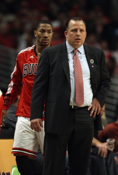 CHICAGO, IL - APRIL 07: Head coach Tom Thibodeau of the Chicago Bulls watches his team as Derrick Rose #1 moves to re-enter a game against the Boston Celtics at United Center on April 7, 2011 in Chicago, Illinois. The Bulls defeated the Celtics 97-81. NOT