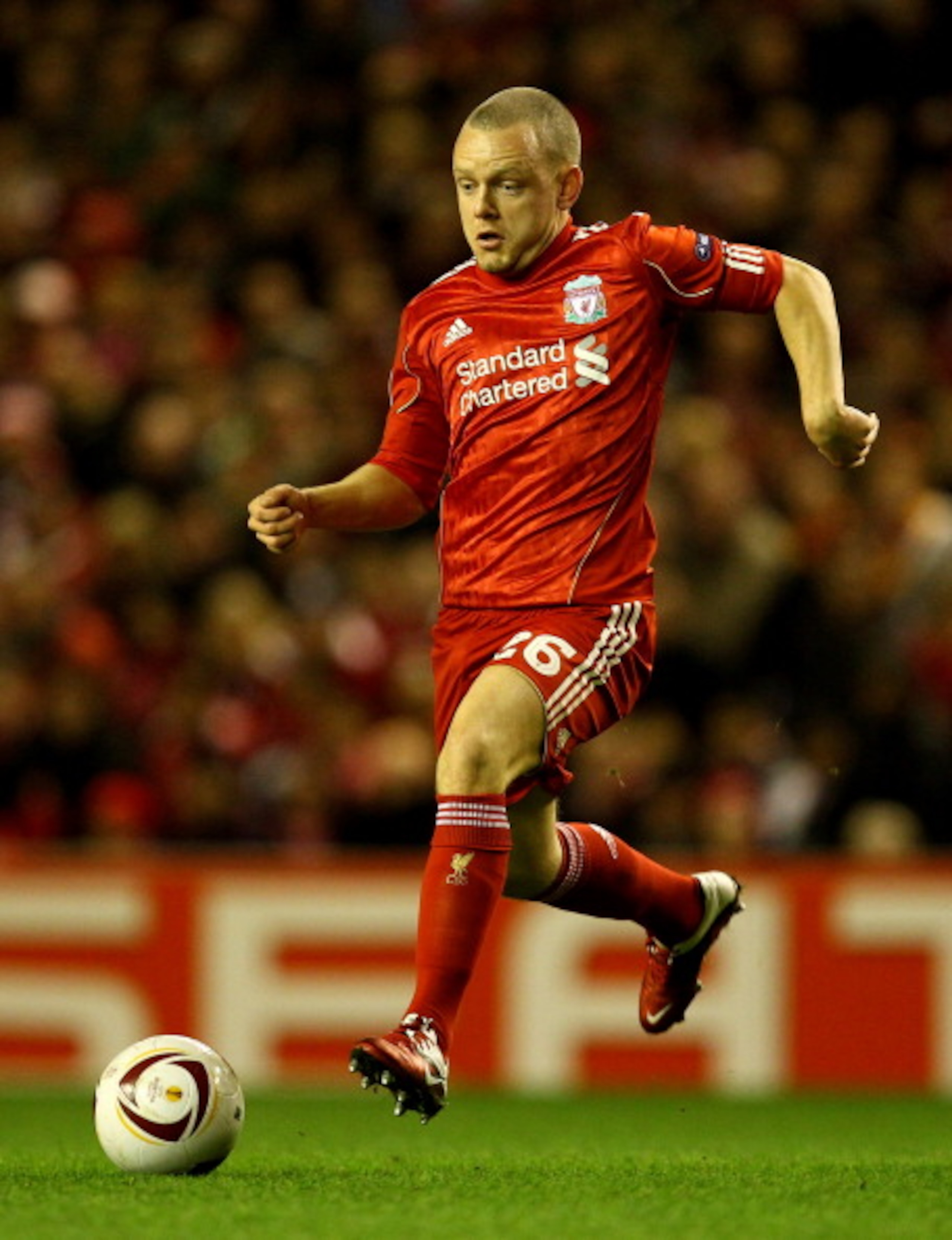 LIVERPOOL, ENGLAND - FEBRUARY 24: Jay Spearing of Liverpool in action during the UEFA Europa League Round of 32 2nd leg match beteween Liverpool and Sparta Prague at Anfield on February 24, 2011 in Liverpool, England. (Photo by Richard Heathcote/Getty I LIVERPOOL, ENGLAND - FEBRUARY 24: Jay Spearing of Liverpool in action during the UEFA Europa League Round of 32 2nd leg match beteween Liverpool and Sparta Prague at Anfield on February 24, 2011 in Liverpool, England. (Photo by Richard Heathcote/Getty I