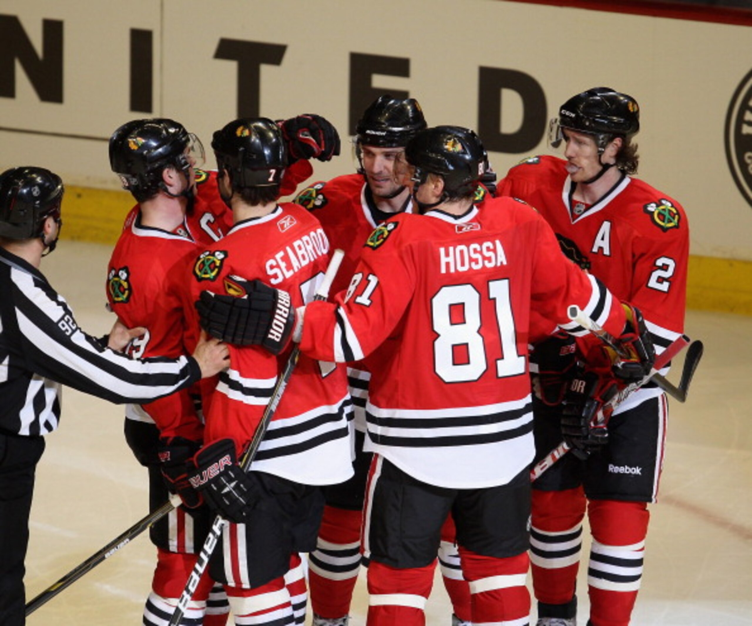 CHICAGO, IL - APRIL 10: (L-R) Jonathan Toews #19, Brent Seabrook #7, Patrick Sharp #10, Marian Hossa #81 and Duncan Keith #2 of the Chicago Blackhawks celebrate keiths' 3rd period goal against the Detroit Red Wings at the United Center on April 10, 2011 i CHICAGO, IL - APRIL 10: (L-R) Jonathan Toews #19, Brent Seabrook #7, Patrick Sharp #10, Marian Hossa #81 and Duncan Keith #2 of the Chicago Blackhawks celebrate keiths' 3rd period goal against the Detroit Red Wings at the United Center on April 10, 2011 i