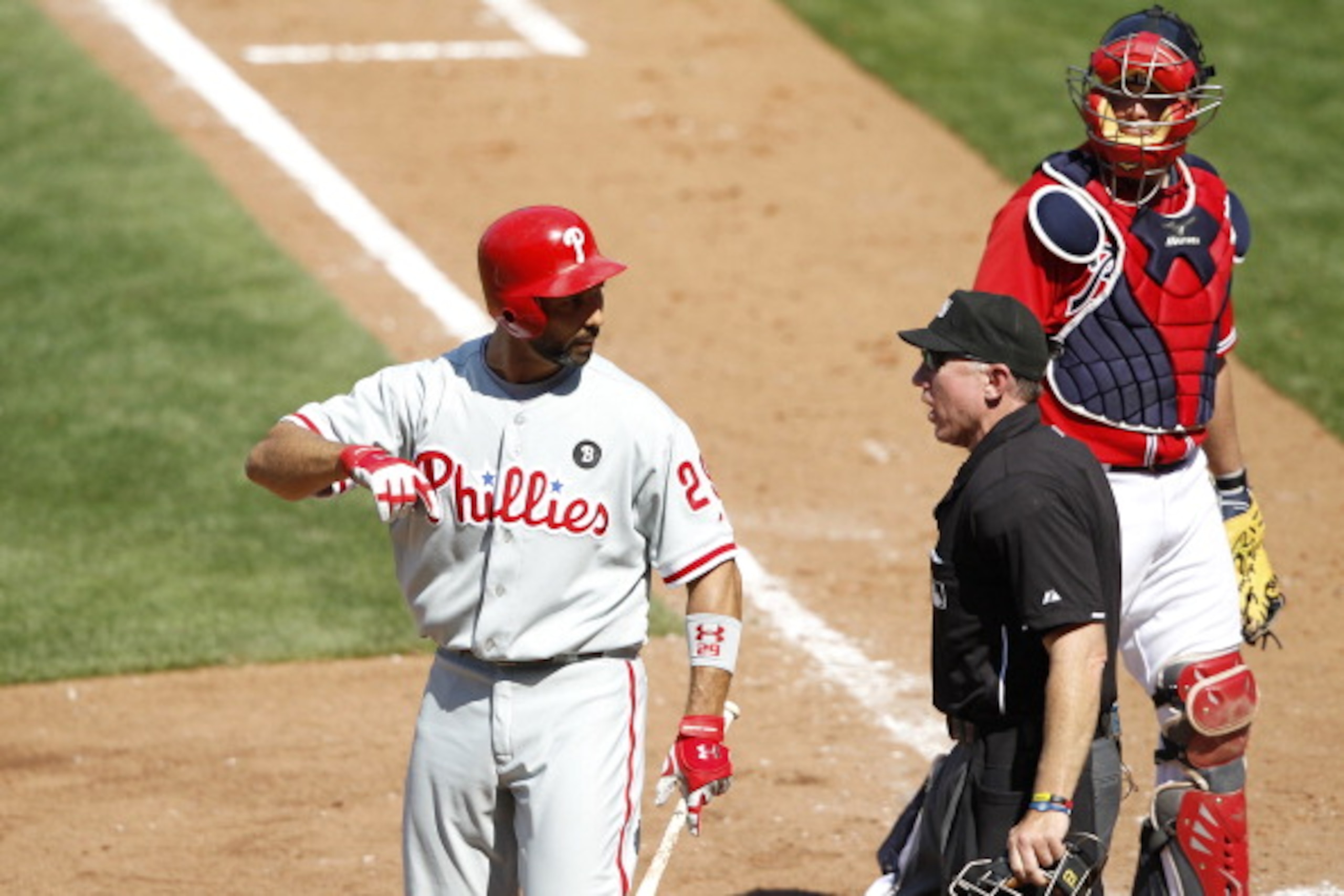 ATLANTA, GA - APRIL 10: Raul Ibanez #29 of the Philadelphia Phillies argues with home plate umpire Lance Barksdale after being called out on strikes against the Atlanta Braves at Turner Field on April 10, 2011 in Atlanta, Georgia. The Phillies won 3-0. (P ATLANTA, GA - APRIL 10: Raul Ibanez #29 of the Philadelphia Phillies argues with home plate umpire Lance Barksdale after being called out on strikes against the Atlanta Braves at Turner Field on April 10, 2011 in Atlanta, Georgia. The Phillies won 3-0. (P