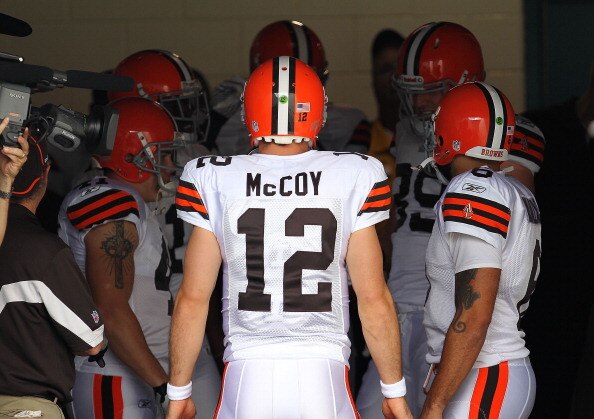 JACKSONVILLE, FL - NOVEMBER 21:  Colt McCoy #12  of the Cleveland Browns leads the team out of the tunnel during a game agaisnt the Jacksonville Jaguars at EverBank Field on November 21, 2010 in Jacksonville, Florida.  (Photo by Mike Ehrmann/Getty Images)