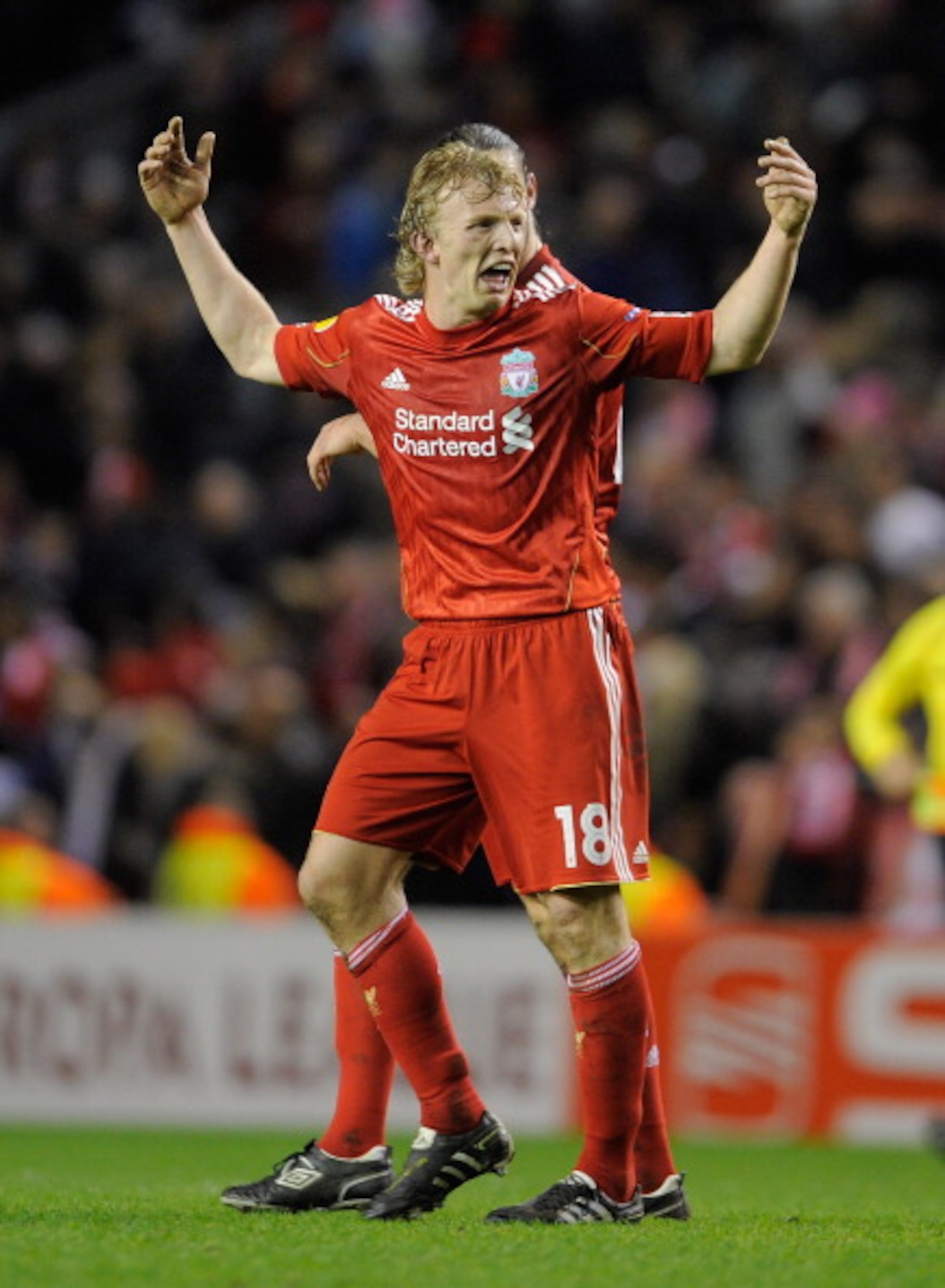 LIVERPOOL, ENGLAND - MARCH 17: Dirk Kuyt of Liverpool reacts after defeat in the UEFA Europa League Round of 16 second leg match between Liverpool and SC Braga at Anfield on March 17, 2011 in Liverpool, England. (Photo by Michael Regan/Getty Images) LIVERPOOL, ENGLAND - MARCH 17: Dirk Kuyt of Liverpool reacts after defeat in the UEFA Europa League Round of 16 second leg match between Liverpool and SC Braga at Anfield on March 17, 2011 in Liverpool, England. (Photo by Michael Regan/Getty Images)