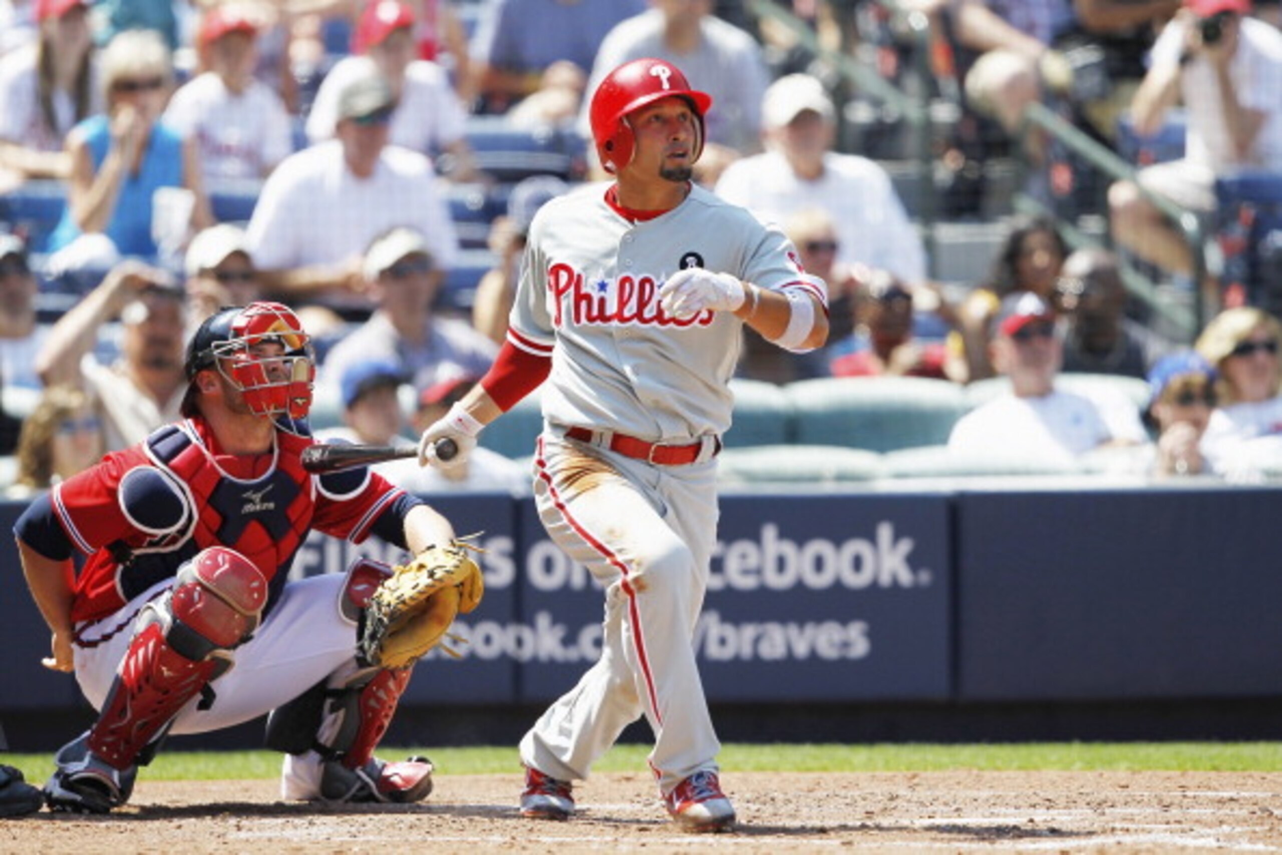ATLANTA, GA - APRIL 10: Shane Victorino #8 of the Philadelphia Phillies follows through on a solo home run in the 6th inning against the Atlanta Braves at Turner Field on April 10, 2011 in Atlanta, Georgia. The Phillies won 3-0. (Photo by Joe Robbins/Gett ATLANTA, GA - APRIL 10: Shane Victorino #8 of the Philadelphia Phillies follows through on a solo home run in the 6th inning against the Atlanta Braves at Turner Field on April 10, 2011 in Atlanta, Georgia. The Phillies won 3-0. (Photo by Joe Robbins/Gett