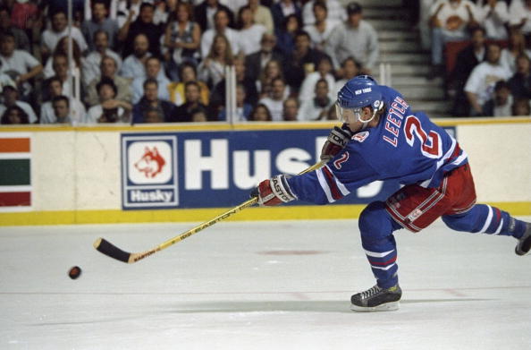 Jun 1994: Brian Leetch #2 of the New York Rangers shoots the puck during the Stanley Cup Finals against the Vancover Canucks at the Pacific Coliseum in Vancover, Canada. Mandatory Credit: Mike Powell  /Allsport