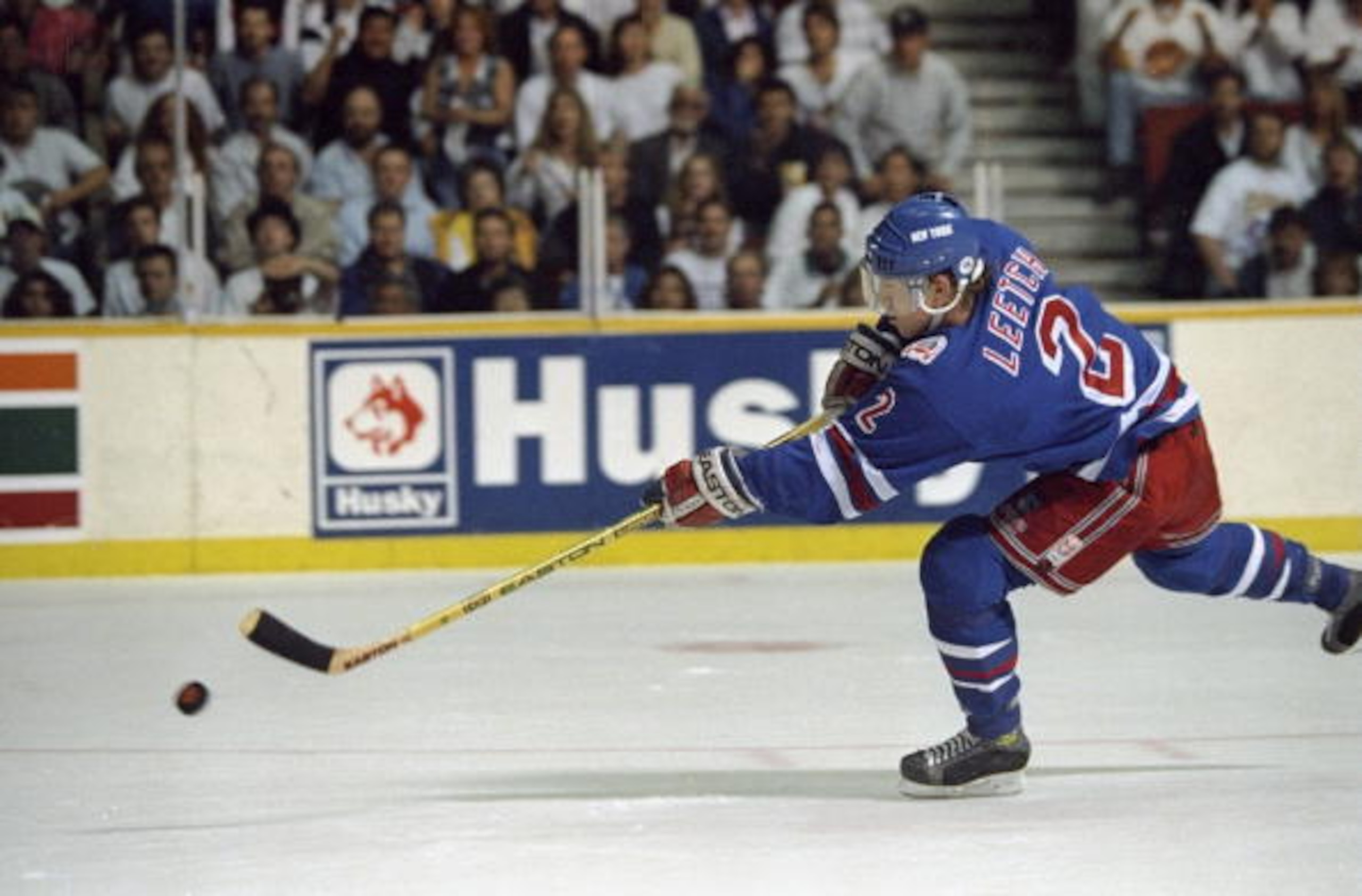 Jun 1994: Brian Leetch #2 of the New York Rangers shoots the puck during the Stanley Cup Finals against the Vancover Canucks at the Pacific Coliseum in Vancover, Canada. Mandatory Credit: Mike Powell  /Allsport