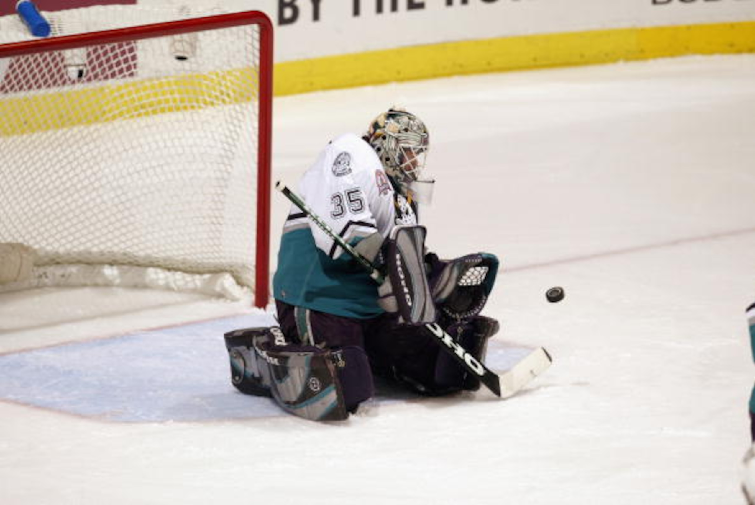 ANAHEIM, CA - JUNE 2:  Goalie Jean-Sebastien Giguere of the Mighty Ducks of Anaheim makes a save against the New Jersey Devils in game four of the 2003 Stanley Cup Finals June 2, 2003 at Arrowhead Pond of Anaheim in Anaheim, California.  (Photo by Brian B