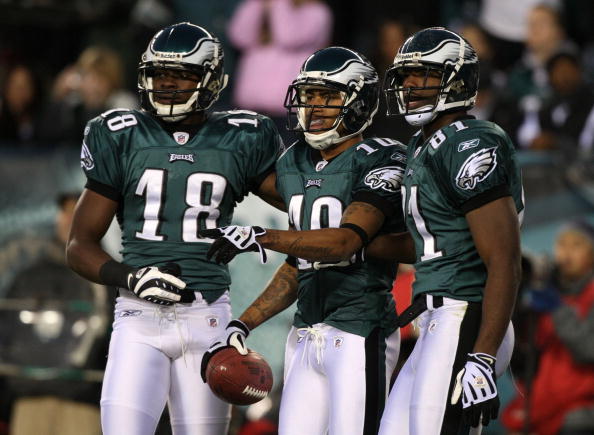 PHILADELPHIA - DECEMBER 27 :  DeSean Jackson #10 of the Philadelphia Eagles celebrates with teammates Jeremy Maclin #18 and Jason Avant #81 after scoring a touchdown in the first quarter againt the Denver Broncos at Lincoln Financial Field on December 27,