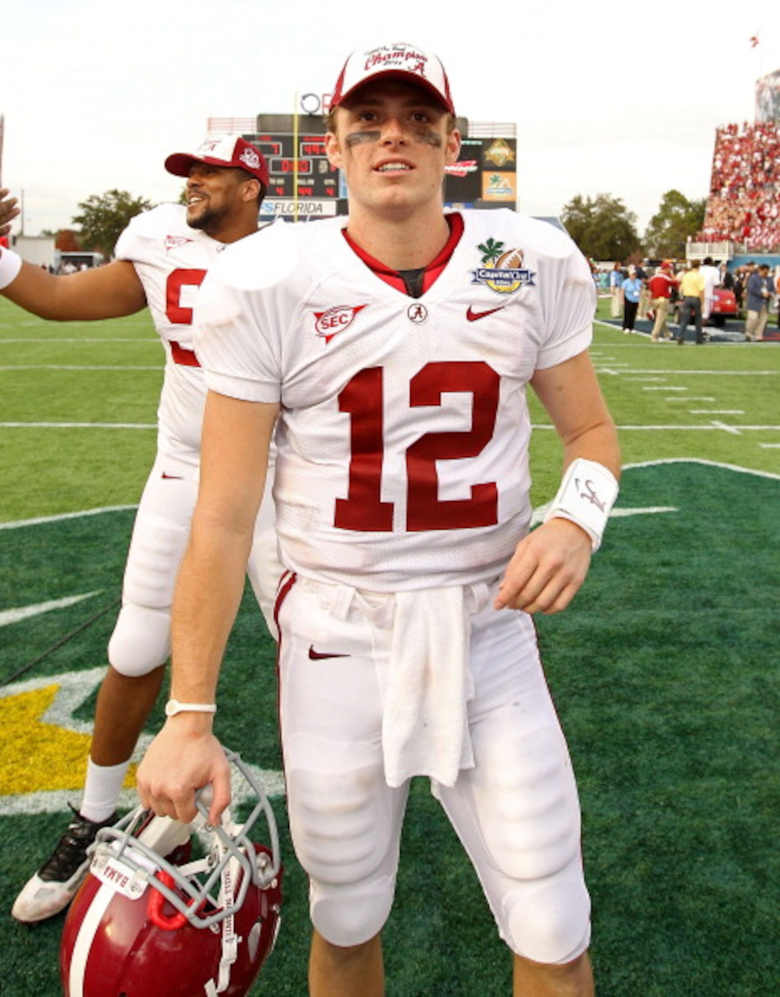 ORLANDO, FL - JANUARY 01:  Greg McElroy #12 of the Alabama Crimson Tide smiles after winning the Capitol One Bowl against the Michigan State Spartans at the Florida Citrus Bowl on January 1, 2011 in Orlando, Florida.  (Photo by Mike Ehrmann/Getty Images)