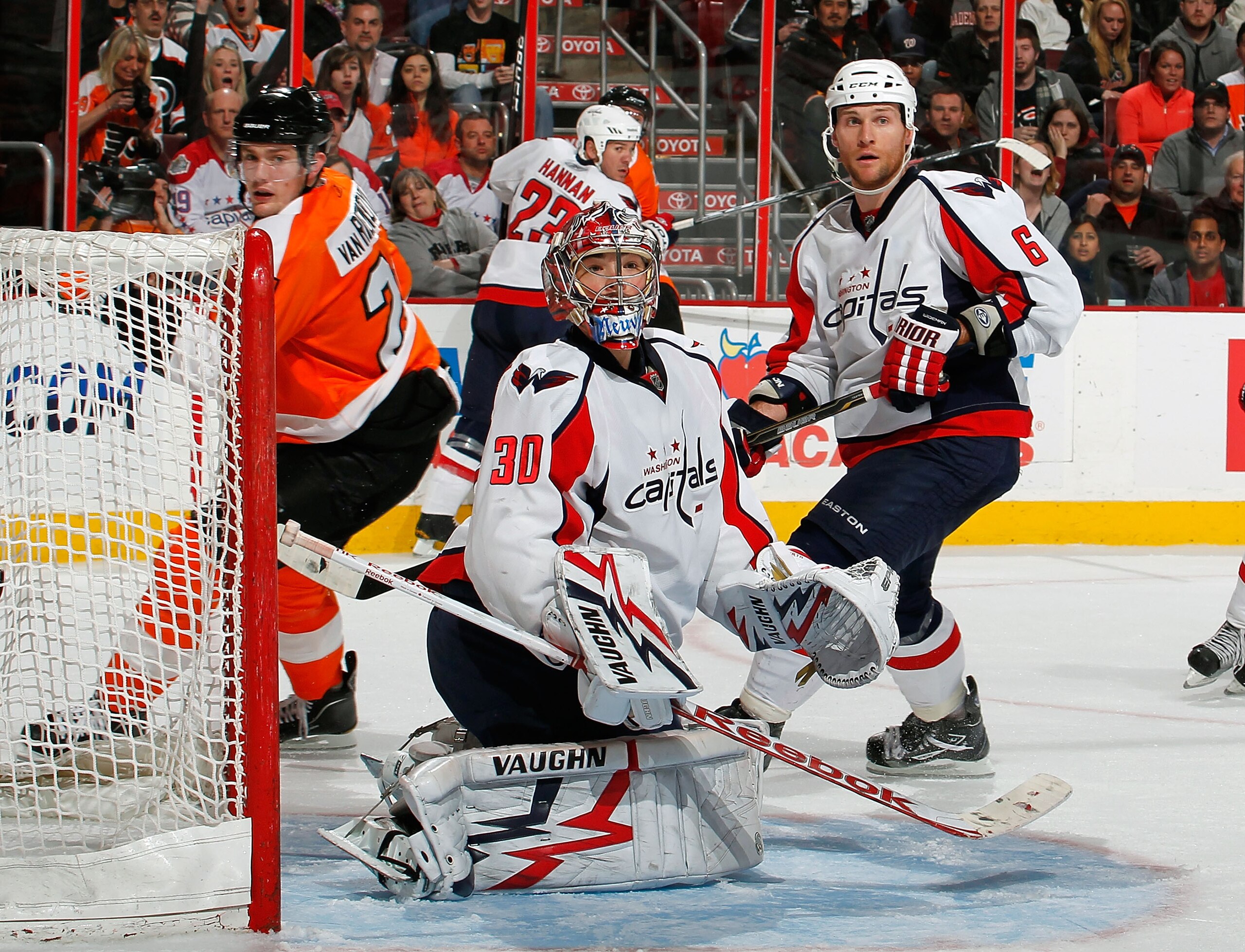 PHILADELPHIA, PA - MARCH 22: Goalie Michal Neuvirth #30 of the Washington Capitals watches a rebound during an NHL hockey game against the Philadelphia Flyers at the Wells Fargo Center on March 22, 2011 in Philadelphia, Pennsylvania.  (Photo by Paul Beres
