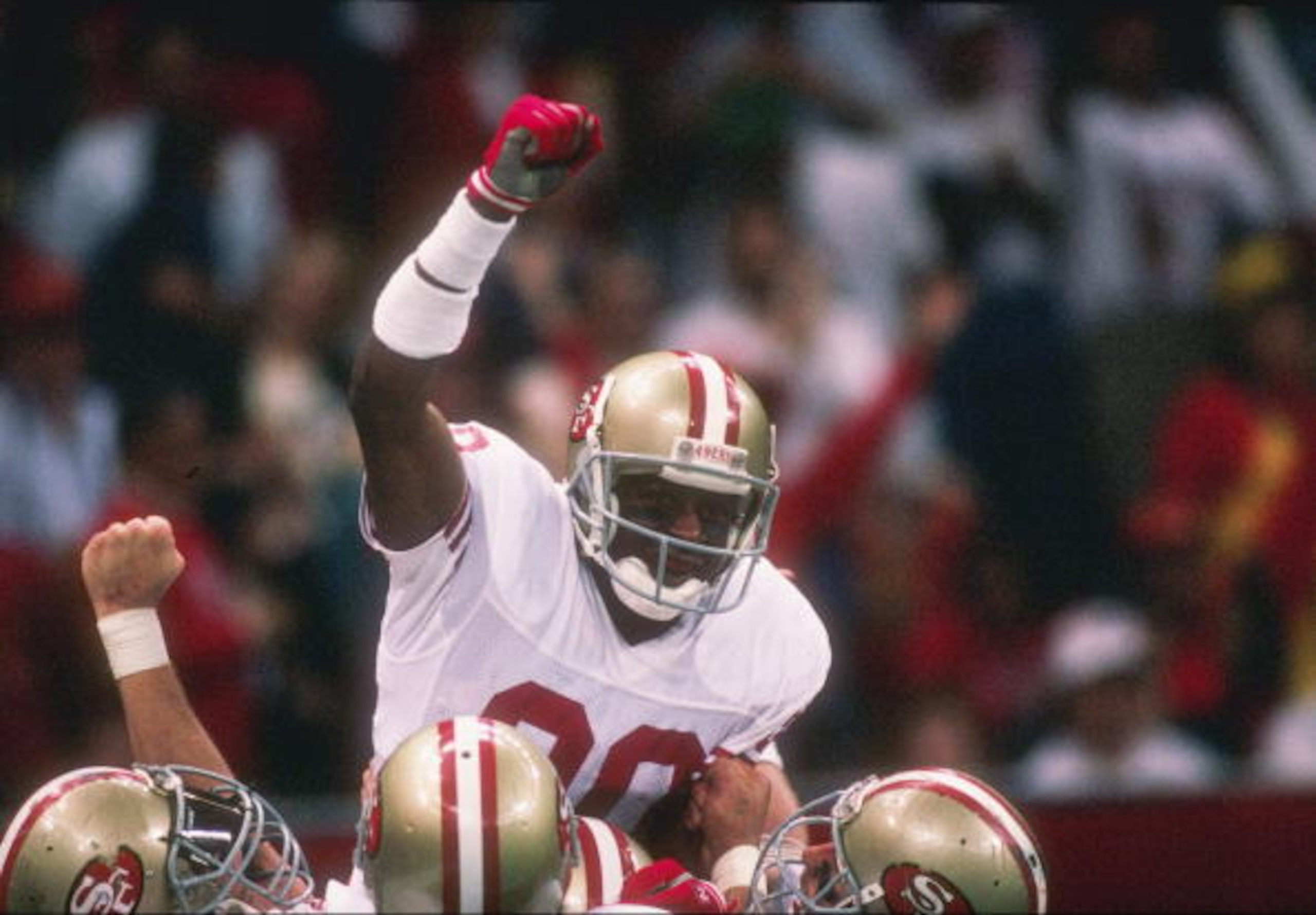 28 Jan 1990: Wide receiver Jerry Rice of the San Francisco 49ers celebrates after scoring a touchdown during Super Bowl XXIV against the Denver Broncos at the Louisiana Superdome in New Orleans Louisiana. The 49ers won the game 55-10.