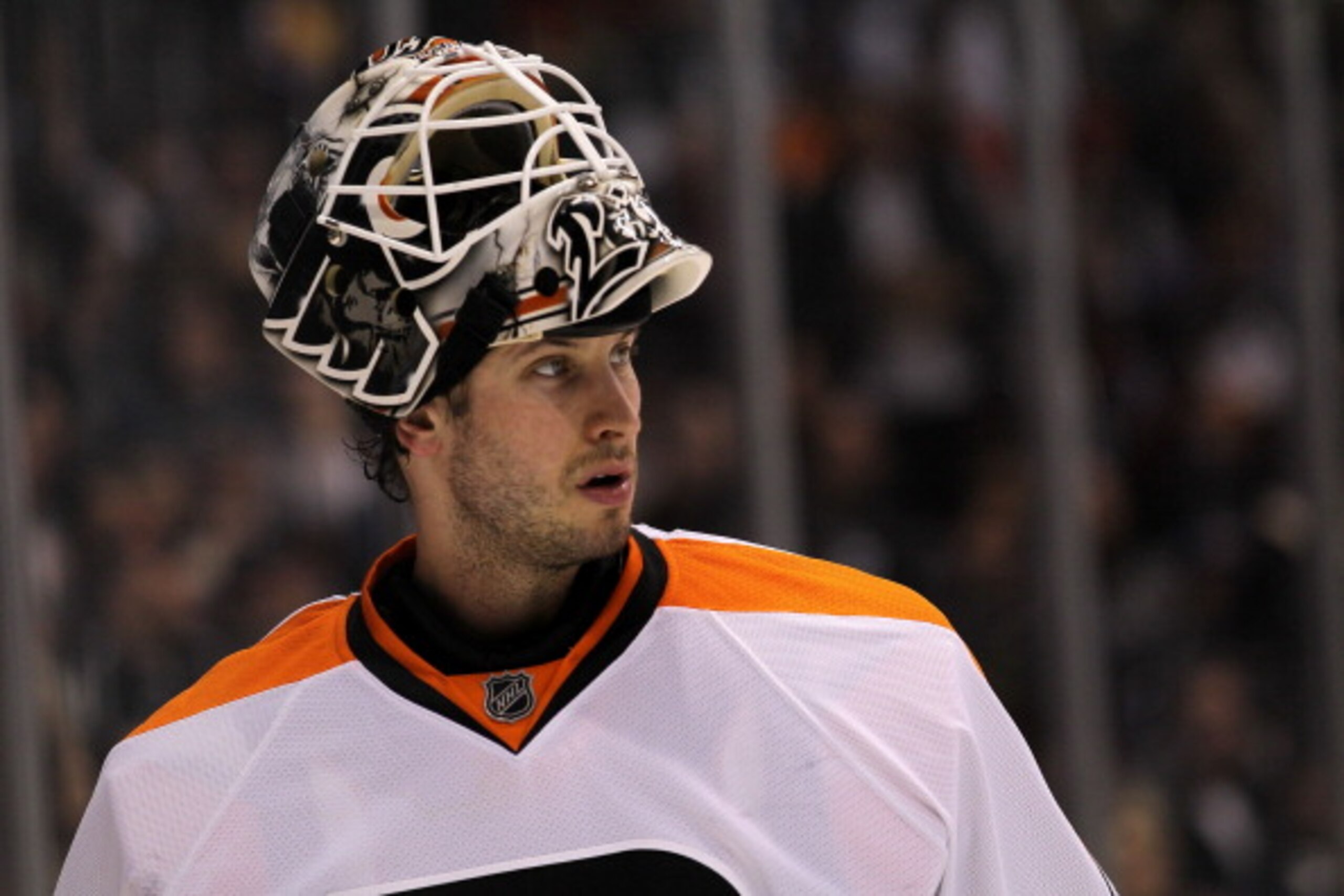 LOS ANGELES, CA - DECEMBER 30: Goaltender Michael Leighton #49 of the Philadelphia Flyers looks on during a breeak in the game with the Los Angeles Kings at Staples Center on December 30, 2010 in Los Angeles, California. (Photo by Stephen Dunn/Getty Ima LOS ANGELES, CA - DECEMBER 30: Goaltender Michael Leighton #49 of the Philadelphia Flyers looks on during a breeak in the game with the Los Angeles Kings at Staples Center on December 30, 2010 in Los Angeles, California. (Photo by Stephen Dunn/Getty Ima