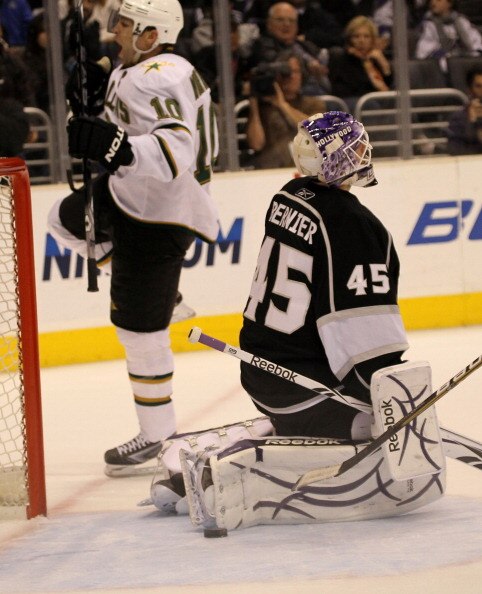 LOS ANGELES, CA - MARCH 7:  Goalie Jonathan Bernier #35 of the Los Angeles Kings reacts after giving up the game winning goal in overtime to Brenden Morrow #10 of the Dallas Stars at Staples Center on March 7, 2011 in Los Angeles, California.  The Stars w