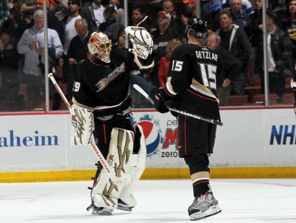 ANAHEIM, CA - MARCH 16:  Goalie Ray Emery #29 and Ryan Getzlaf #15 of the Anaheim Ducks celebrate after the game with the St. Louis Blues at Honda Center on March 16, 2011 in Anaheim, California.  Anaheim won 2-1.  (Photo by Stephen Dunn/Getty Images)