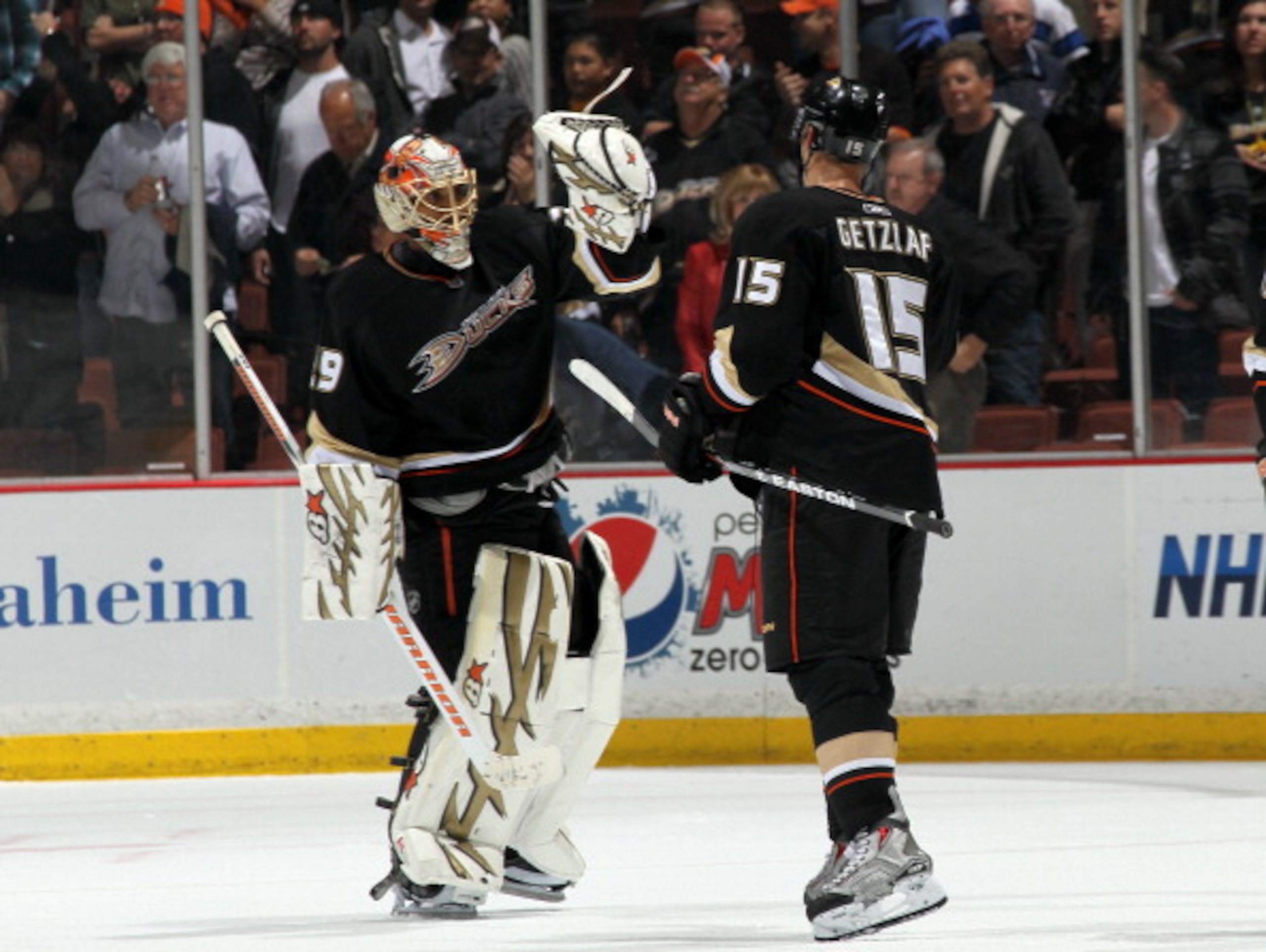 ANAHEIM, CA - MARCH 16: Goalie Ray Emery #29 and Ryan Getzlaf #15 of the Anaheim Ducks celebrate after the game with the St. Louis Blues at Honda Center on March 16, 2011 in Anaheim, California. Anaheim won 2-1. (Photo by Stephen Dunn/Getty Images) ANAHEIM, CA - MARCH 16: Goalie Ray Emery #29 and Ryan Getzlaf #15 of the Anaheim Ducks celebrate after the game with the St. Louis Blues at Honda Center on March 16, 2011 in Anaheim, California. Anaheim won 2-1. (Photo by Stephen Dunn/Getty Images)