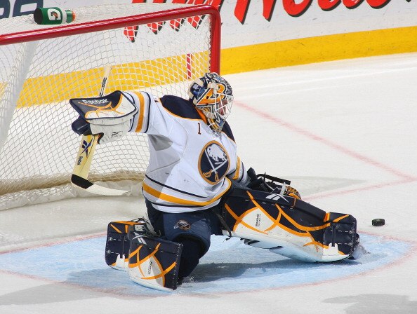 BUFFALO, NY - APRIL 08:Jhonas Enroth #1 of the Buffalo Sabres makes a skate save against the Philadelphia Flyers at HSBC Arena on April 8, 2011 in Buffalo, New York.  (Photo by Rick Stewart/Getty Images)