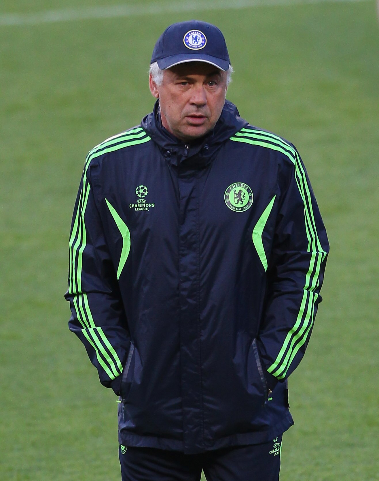 MANCHESTER, ENGLAND - APRIL 11:  Carlo Ancelotti the manager of Chelsea looks on during a training session ahead of their UEFA Champions League quarter final second leg match against Manchester United at Old Trafford on April 11, 2011 in Manchester, Engla
