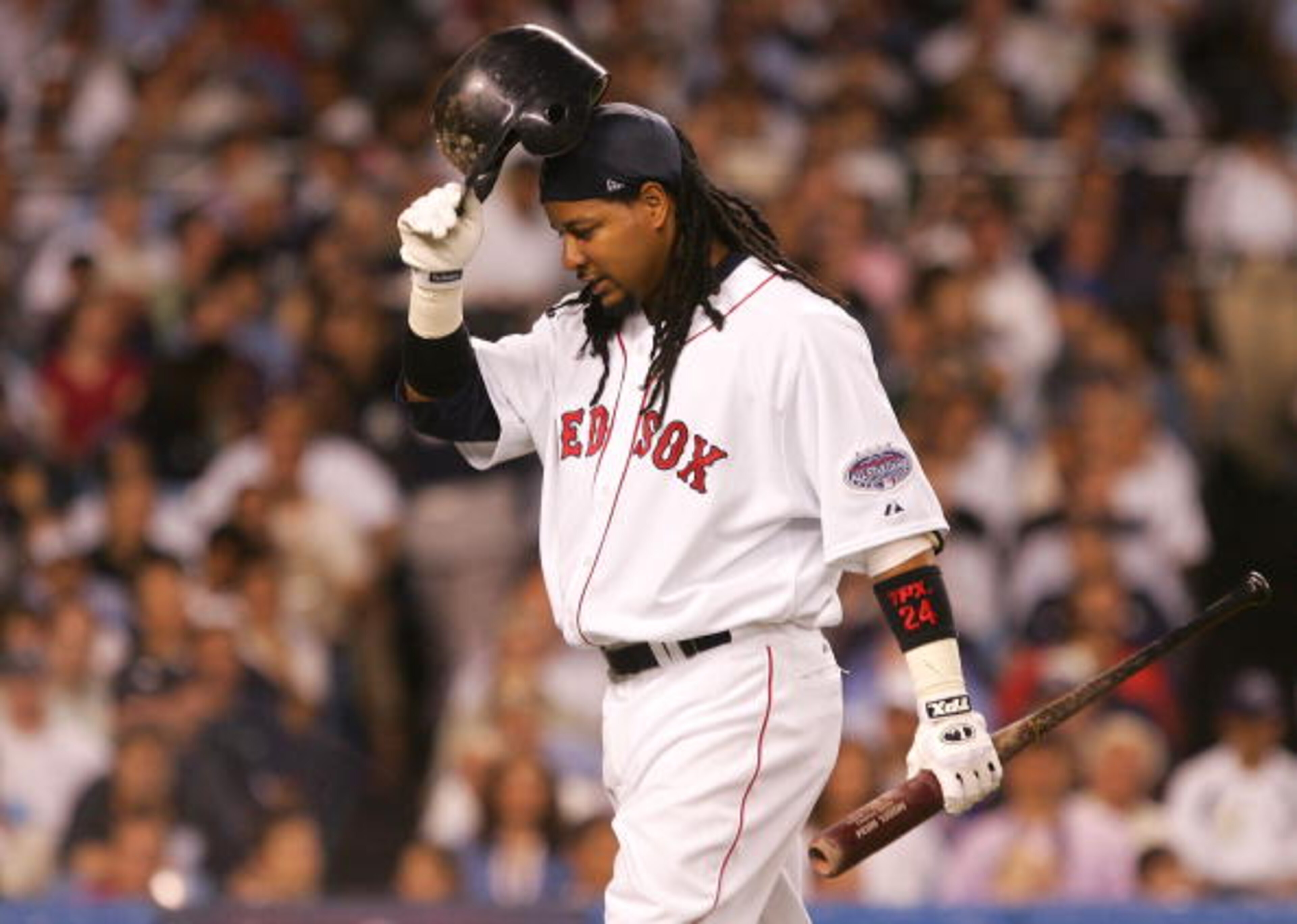 NEW YORK - JULY 15:  American League All-Star Manny Ramirez #24 of the Boston Red Sox after striking out during the 79th MLB All-Star Game at Yankee Stadium on July 15, 2008 in the Bronx borough of New York City.  (Photo by Jim McIsaac/Getty Images)