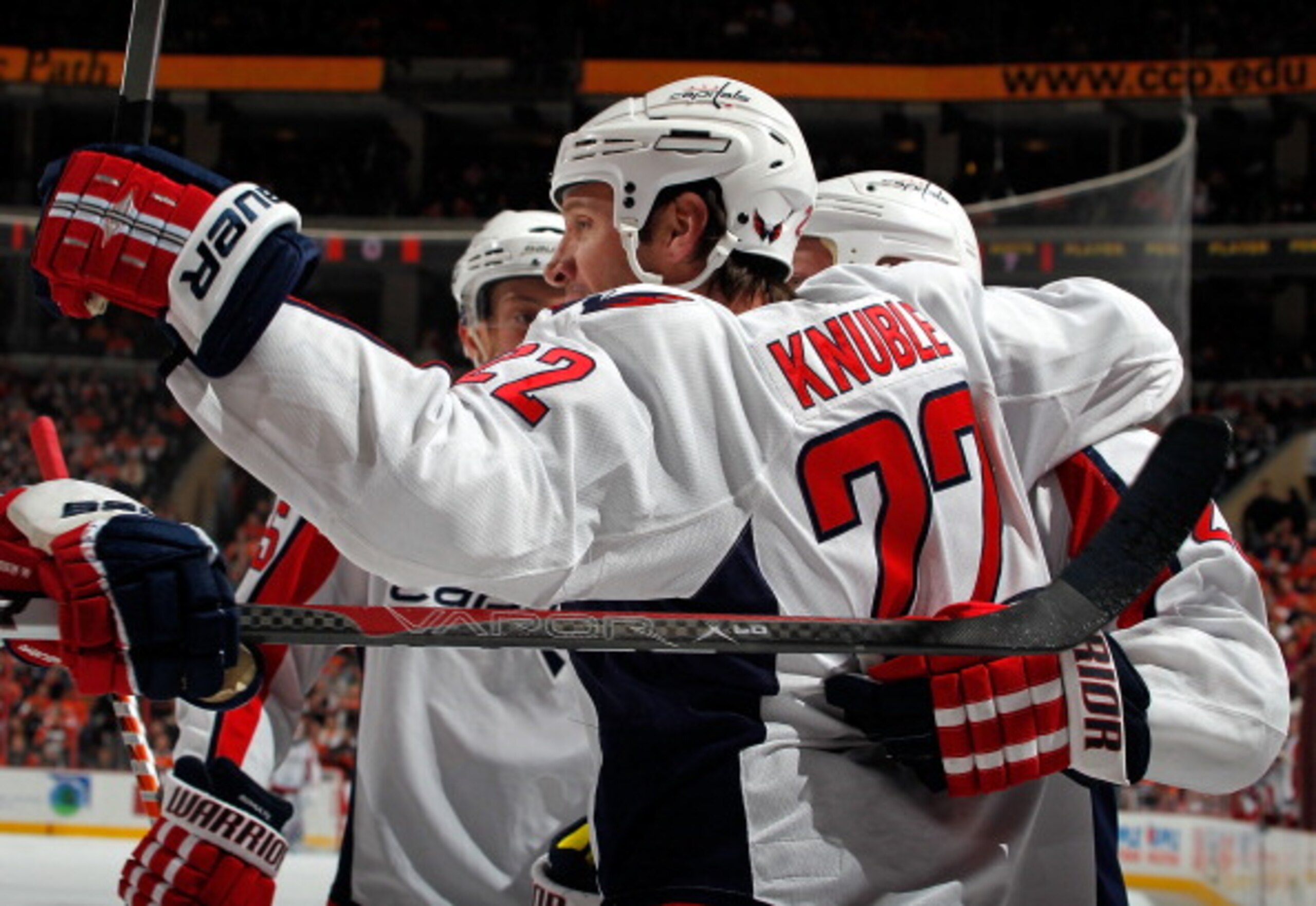 PHILADELPHIA, PA - MARCH 22:  Mike Knuble #22 of the Washington Capitals celebrates his goal against the Philadelphia Flyers during the first period of an NHL hockey game at the Wells Fargo Center on March 22, 2011 in Philadelphia, Pennsylvania.  (Photo b