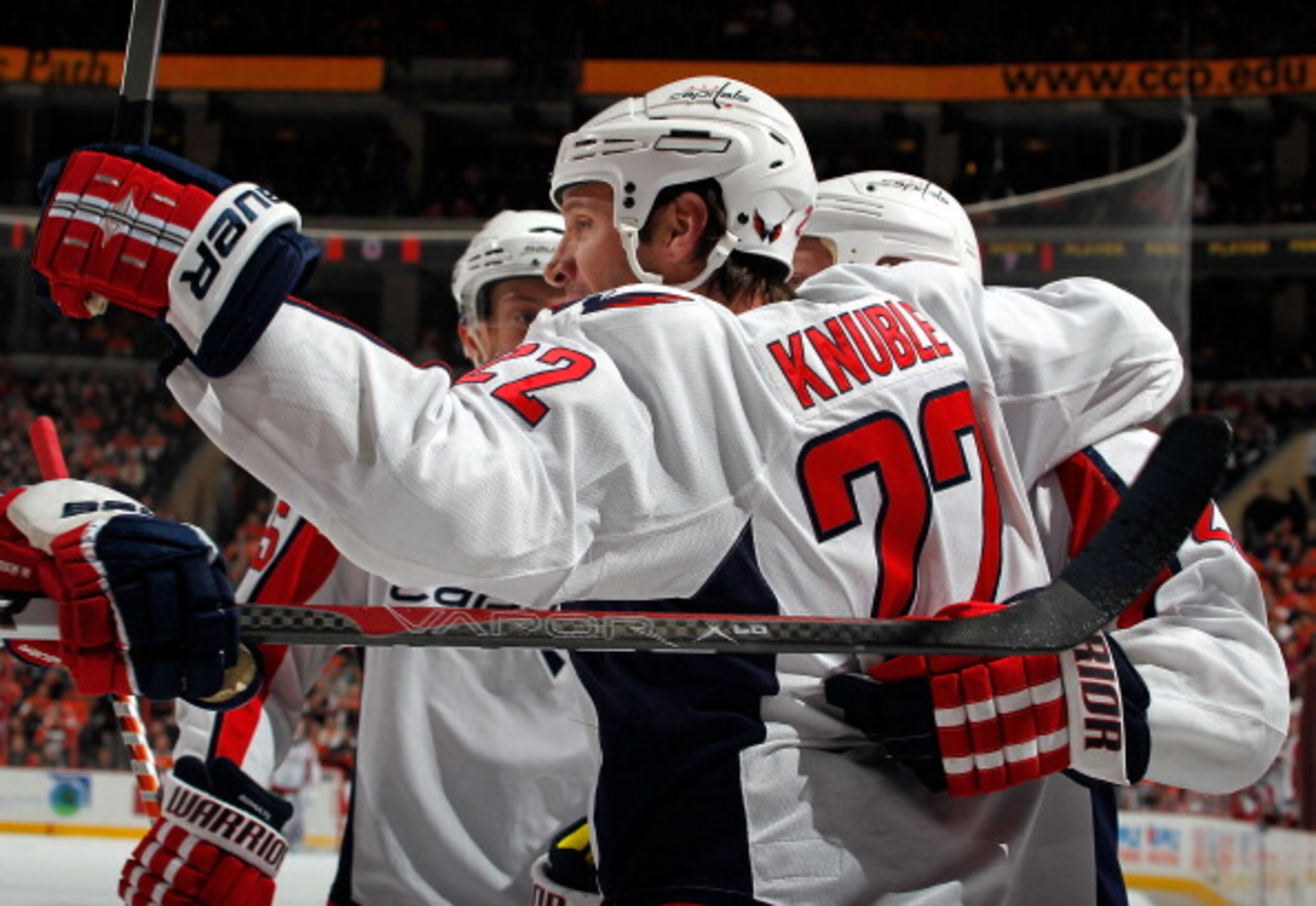 PHILADELPHIA, PA - MARCH 22:  Mike Knuble #22 of the Washington Capitals celebrates his goal against the Philadelphia Flyers during the first period of an NHL hockey game at the Wells Fargo Center on March 22, 2011 in Philadelphia, Pennsylvania.  (Photo b