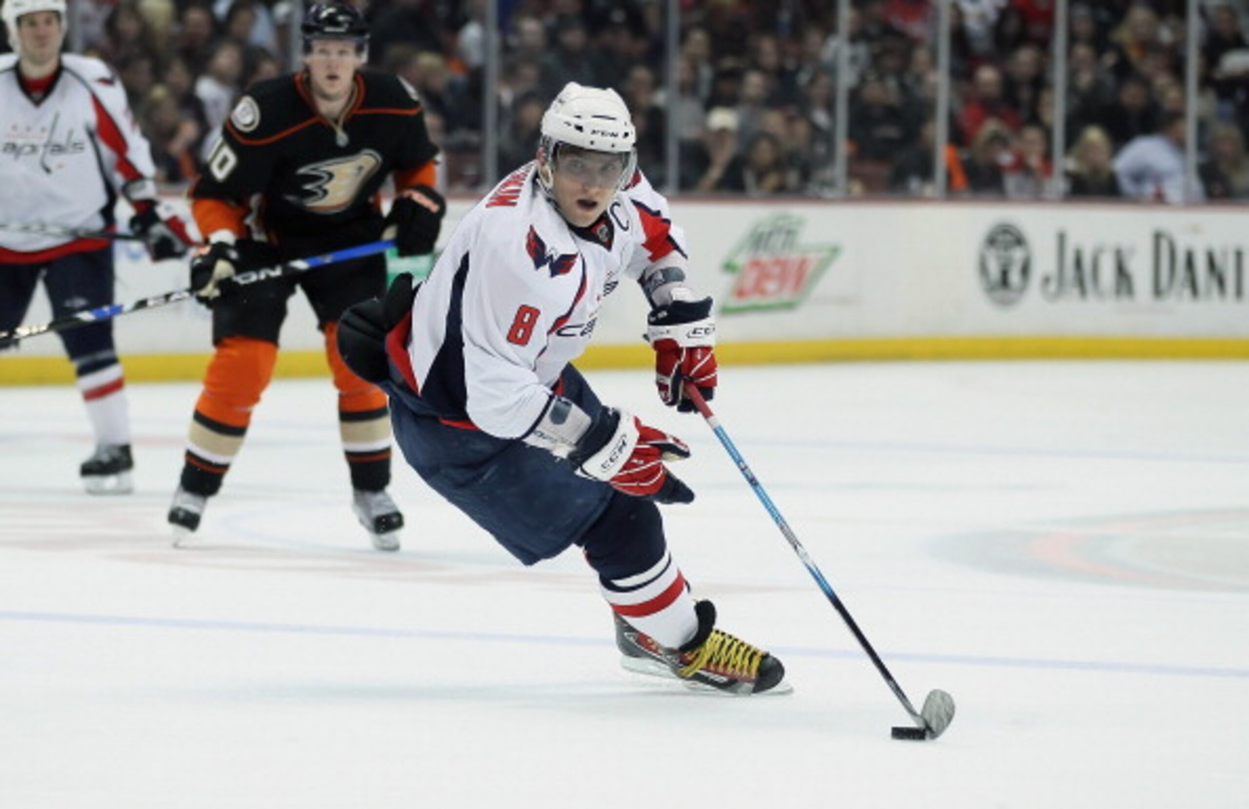 ANAHEIM, CA - FEBRUARY 16:  Alex Ovechkin #8 of the Washington Capitals skates against the Anaheim Ducks at the Honda Center on February 16, 2011 in Anaheim, California.  (Photo by Jeff Gross/Getty Images)
