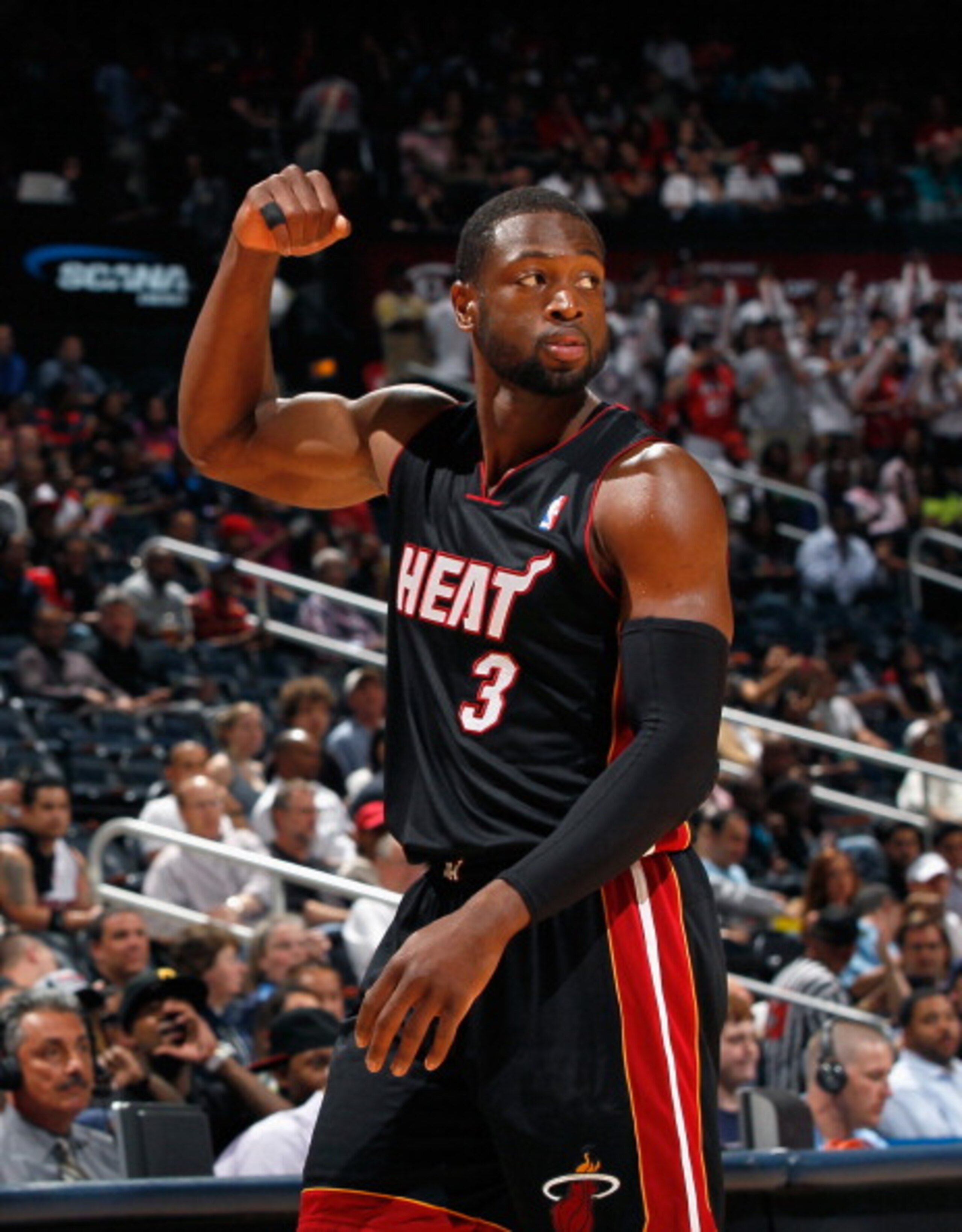 ATLANTA, GA - APRIL 11: Dwyane Wade #3 of the Miami Heat reacts after a turnover by the Atlanta Hawks at Philips Arena on April 11, 2011 in Atlanta, Georgia. NOTE TO USER: User expressly acknowledges and agrees that, by downloading and/or using this Pho ATLANTA, GA - APRIL 11: Dwyane Wade #3 of the Miami Heat reacts after a turnover by the Atlanta Hawks at Philips Arena on April 11, 2011 in Atlanta, Georgia. NOTE TO USER: User expressly acknowledges and agrees that, by downloading and/or using this Pho