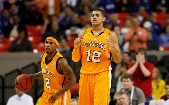 ATLANTA, GA - MARCH 10:  Tobias Harris #12 and Melvin Goins #2 of the Tennessee Volunteers react against the Arkansas Razorbacks during the first round of the SEC Men's Basketball Tournament at the Georgia Dome on March 10, 2011 in Atlanta, Georgia.  (Pho