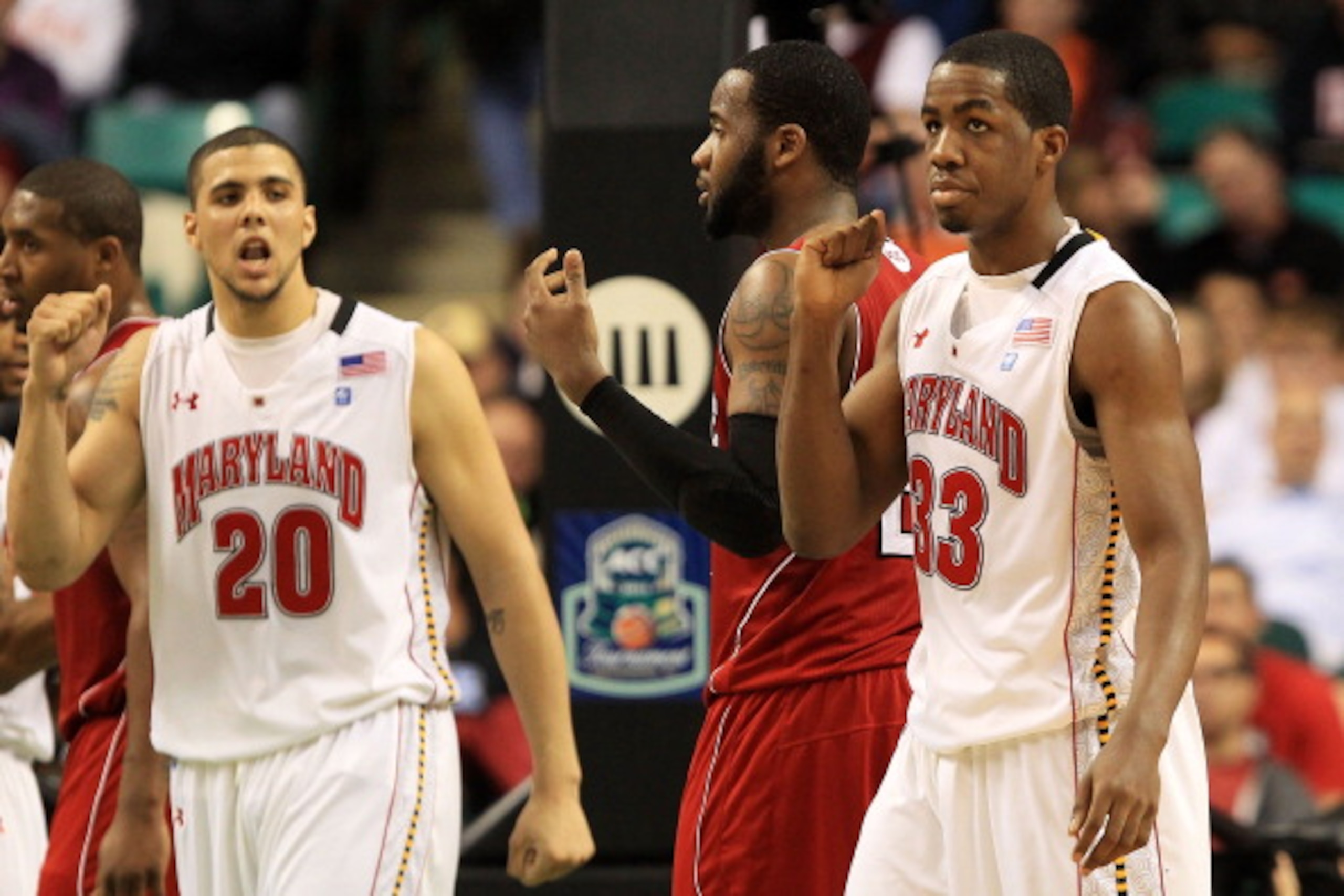 GREENSBORO, NC - MARCH 10: Jordan Williams #20 and Dino Gregory of the Maryland Terrapins celebrate during the second half of the game against the North Carolina State Wolfpack in the first round of the 2011 ACC men's basketball tournament at the Greensb GREENSBORO, NC - MARCH 10: Jordan Williams #20 and Dino Gregory of the Maryland Terrapins celebrate during the second half of the game against the North Carolina State Wolfpack in the first round of the 2011 ACC men's basketball tournament at the Greensb