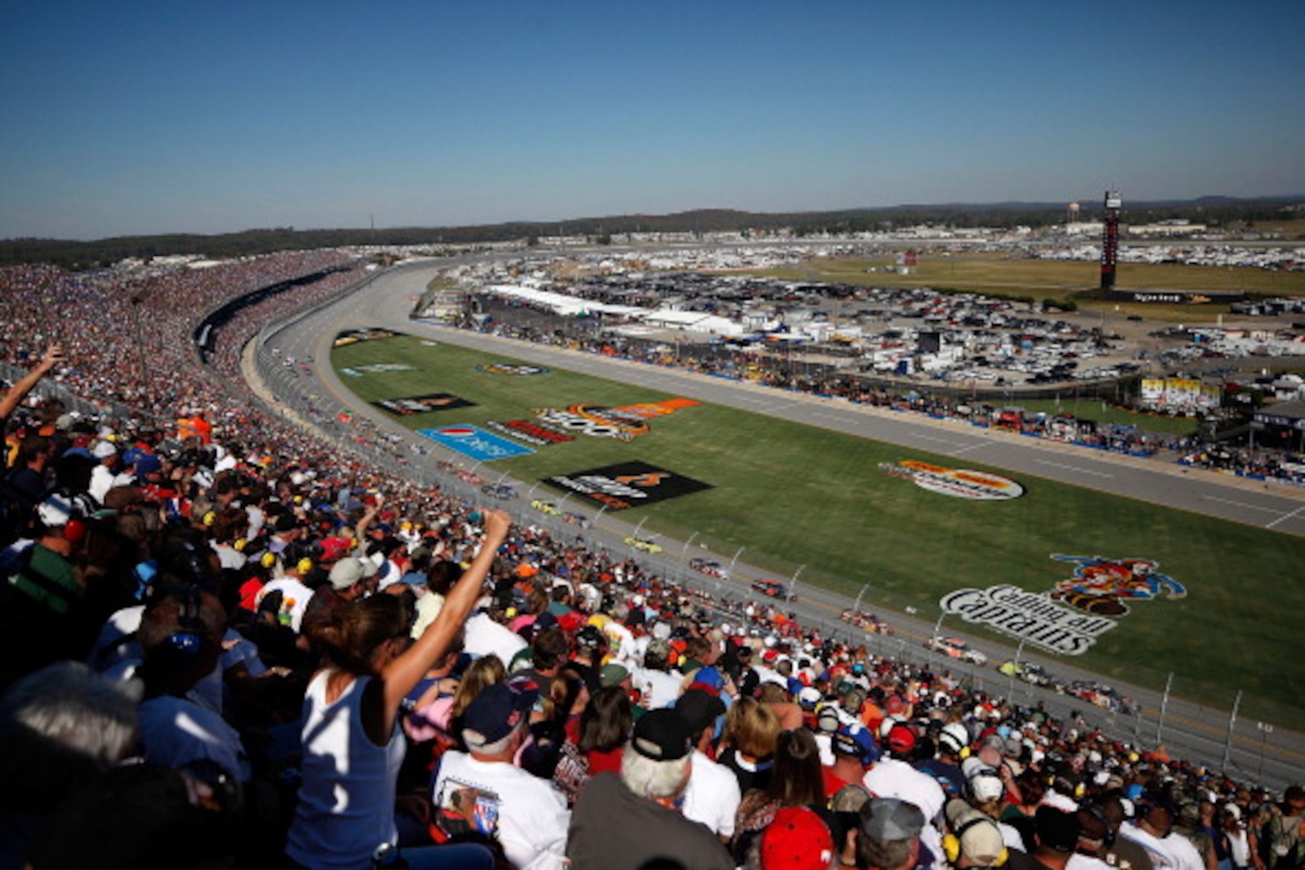 TALLADEGA, AL - OCTOBER 31:  A general view of cars racing during the NASCAR Sprint Cup Series AMP Energy Juice 500 at Talladega Superspeedway on October 31, 2010 in Talladega, Alabama.  (Photo by Chris Graythen/Getty Images)