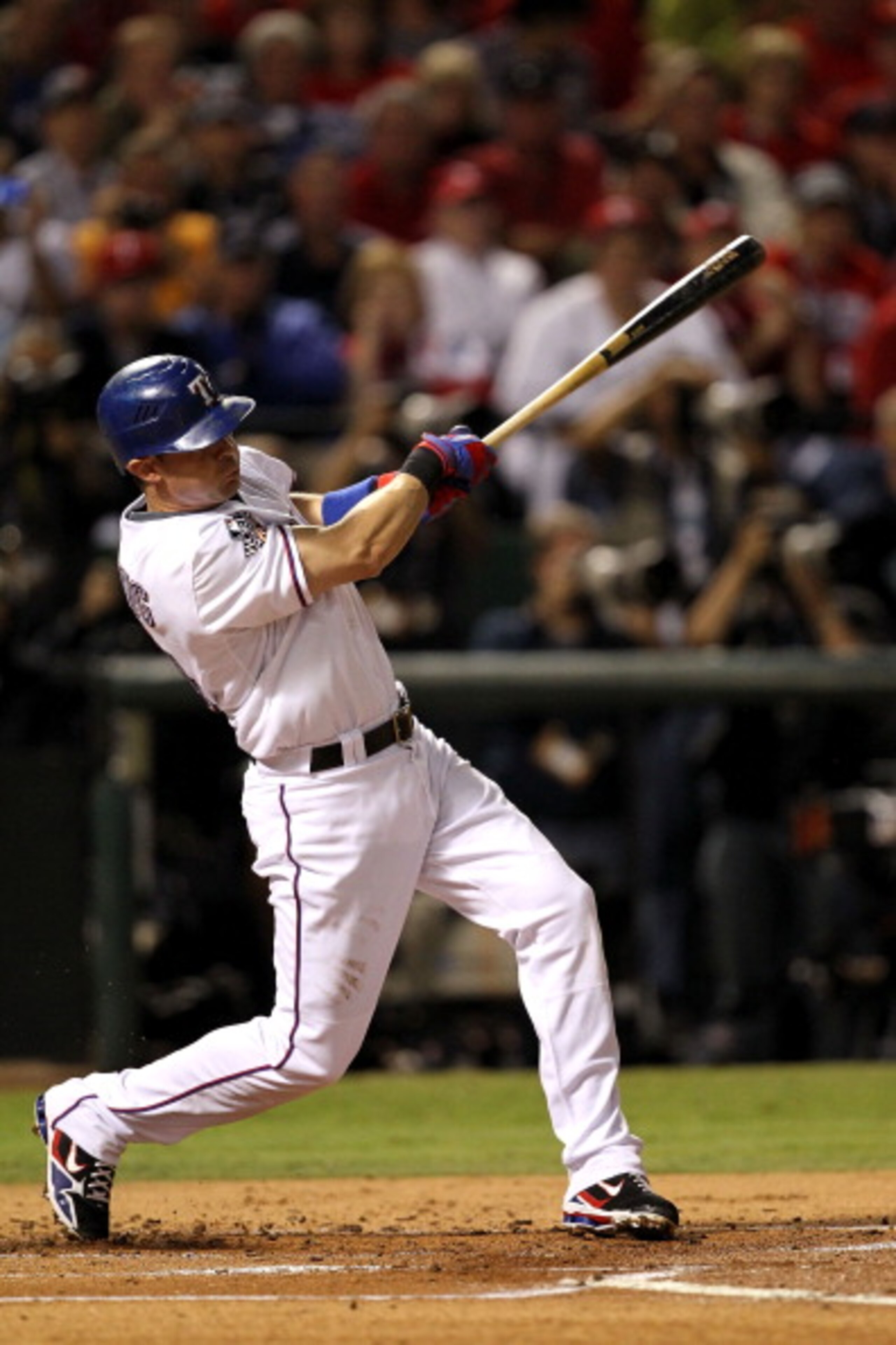 ARLINGTON, TX - NOVEMBER 01:  Michael Young #10 of the Texas Rangers bats against the San Francisco Giants in Game Five of the 2010 MLB World Series at Rangers Ballpark in Arlington on November 1, 2010 in Arlington, Texas. The Giants won 3-1.  (Photo by R