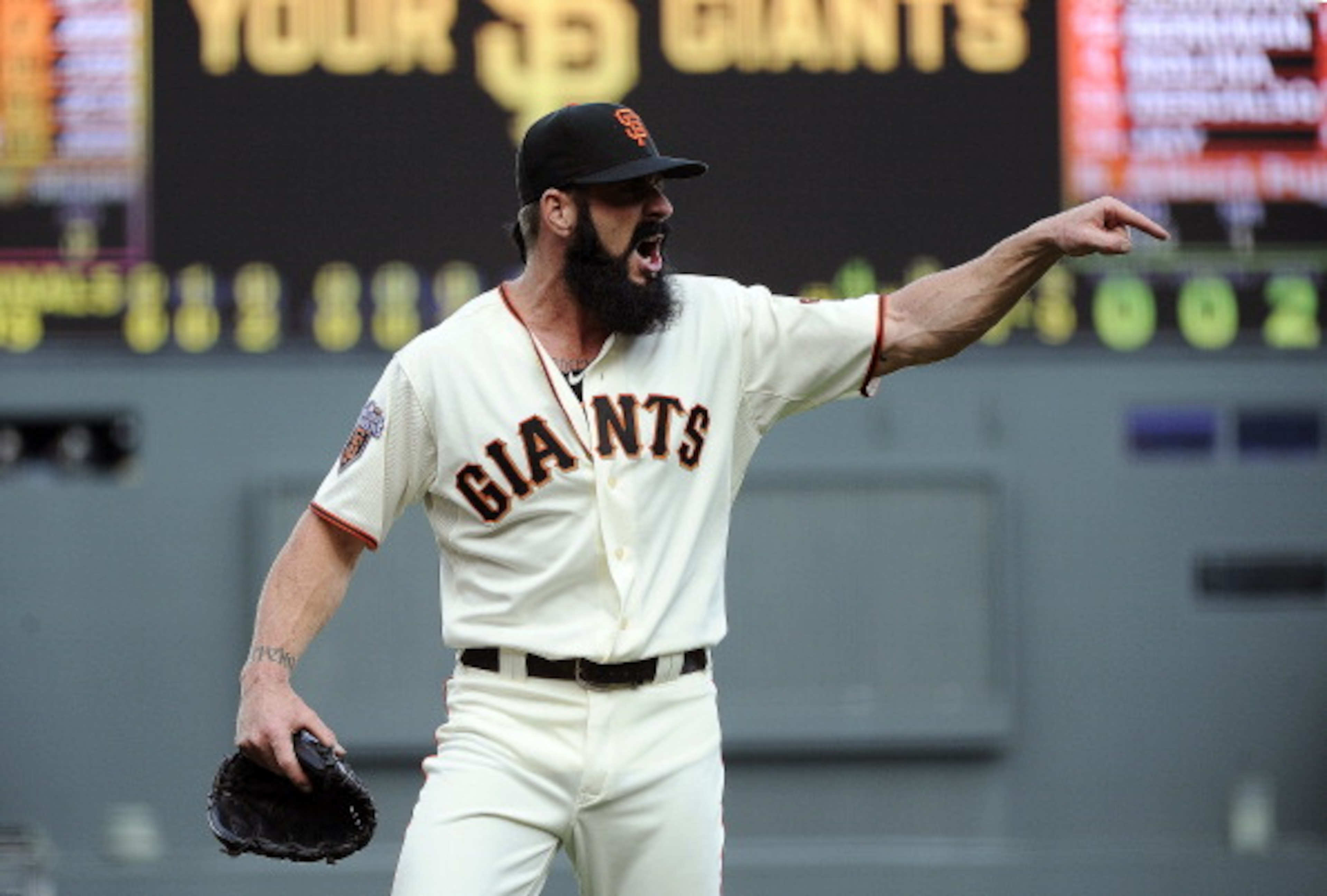 SAN FRANCISCO, CA - APRIL 8: Brian Wilson #38 of the San Francisco Giants reacts after being taken out of the game against the St. Louis Cardinals in the 9th inning during a MLB baseball game at AT&T Park April 8, 2011 in San Francisco, California. The Gi