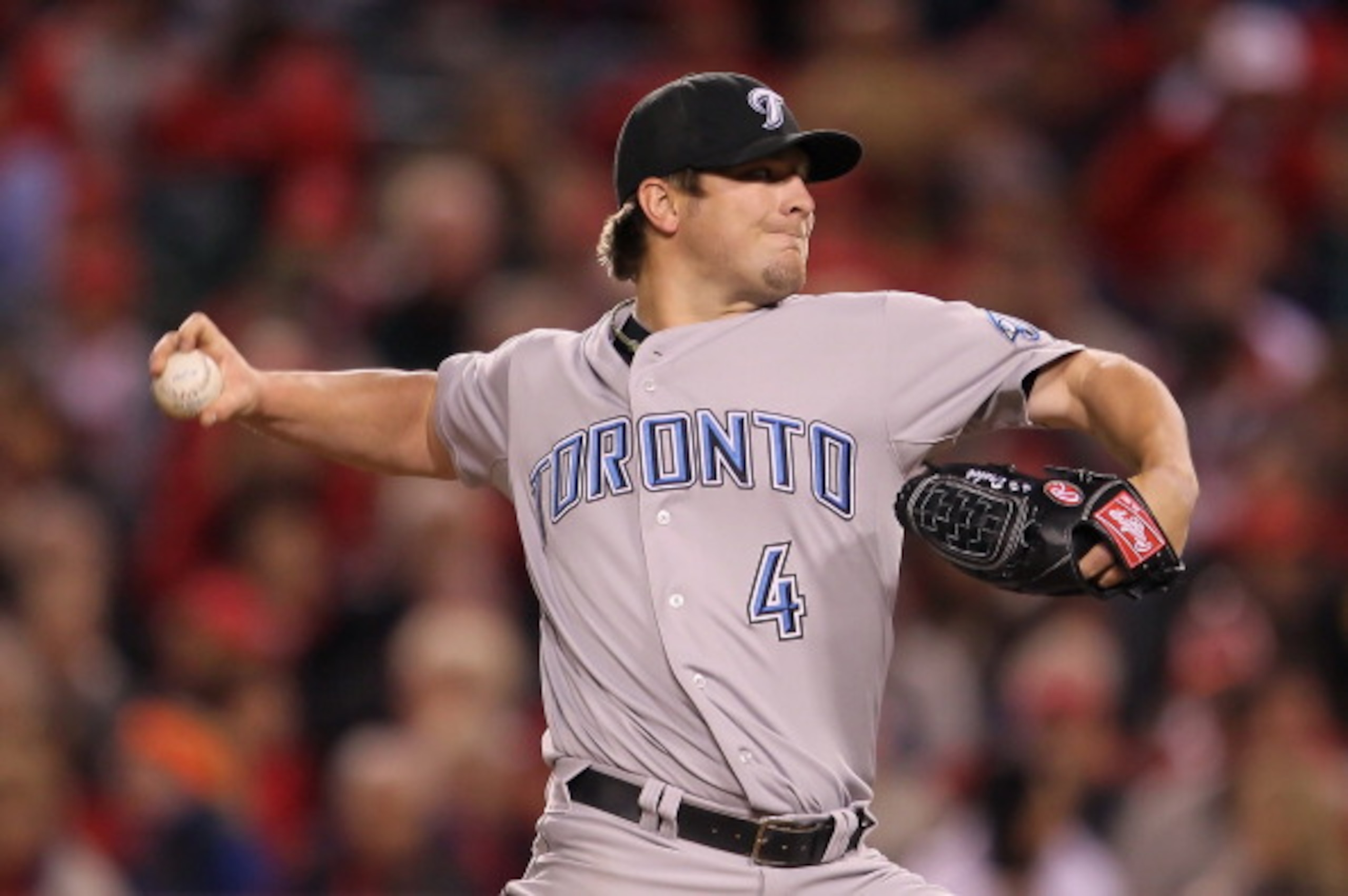 ANAHEIM, CA - APRIL 08:  Kyle Drabek #4 of the Toronto Blue Jays pitches against the Los Angeles Angels of Anaheim in the fifth inning at Angel Stadium of Anaheim on April 8, 2011 in Anaheim, California.  The Blue Jays defeated the Angels 3-2.  (Photo by