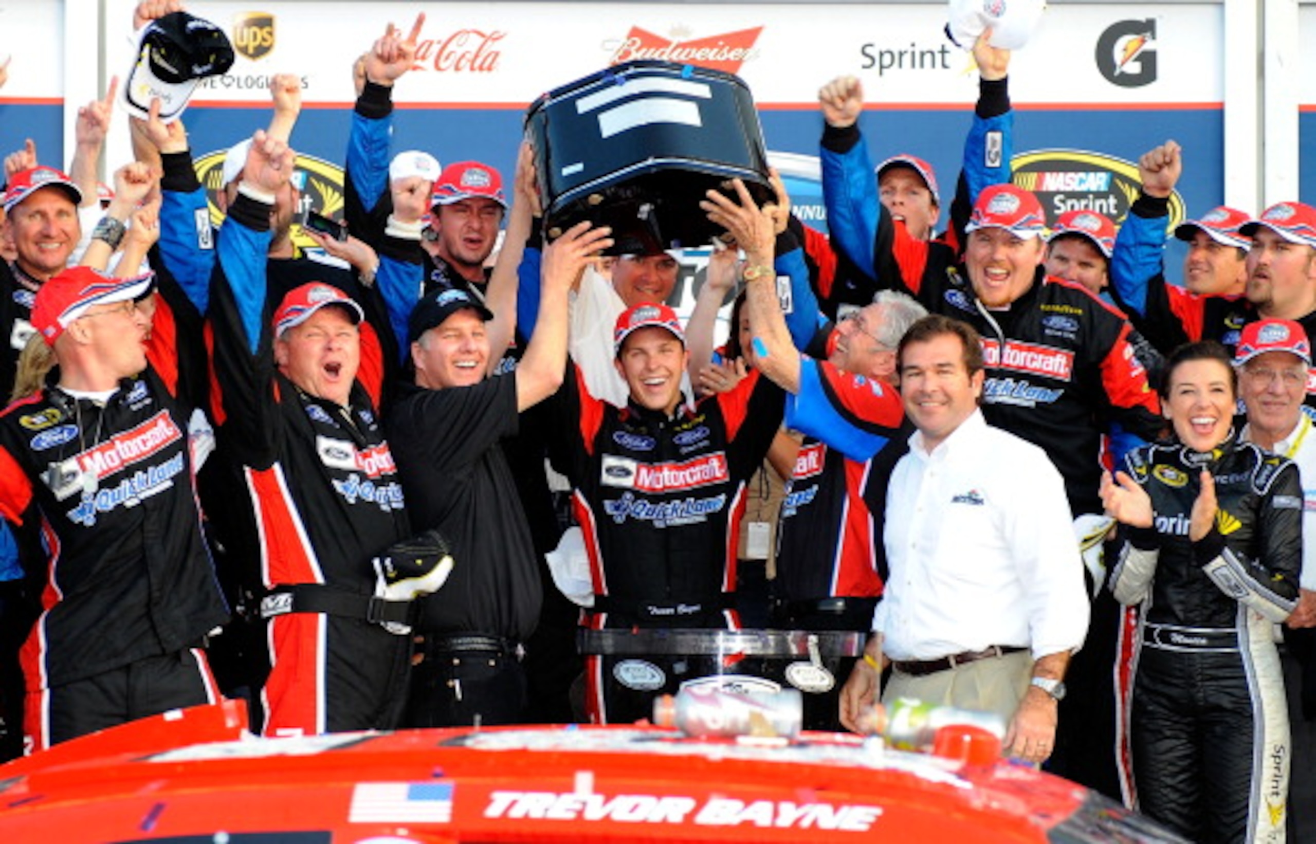 DAYTONA BEACH, FL - FEBRUARY 20:  Trevor Bayne, driver of the #21 Motorcraft/Quick Lane Ford, celebrates in Victory Lane after winning the NASCAR Sprint Cup Series Daytona 500 at Daytona International Speedway on February 20, 2011 in Daytona Beach, Florid