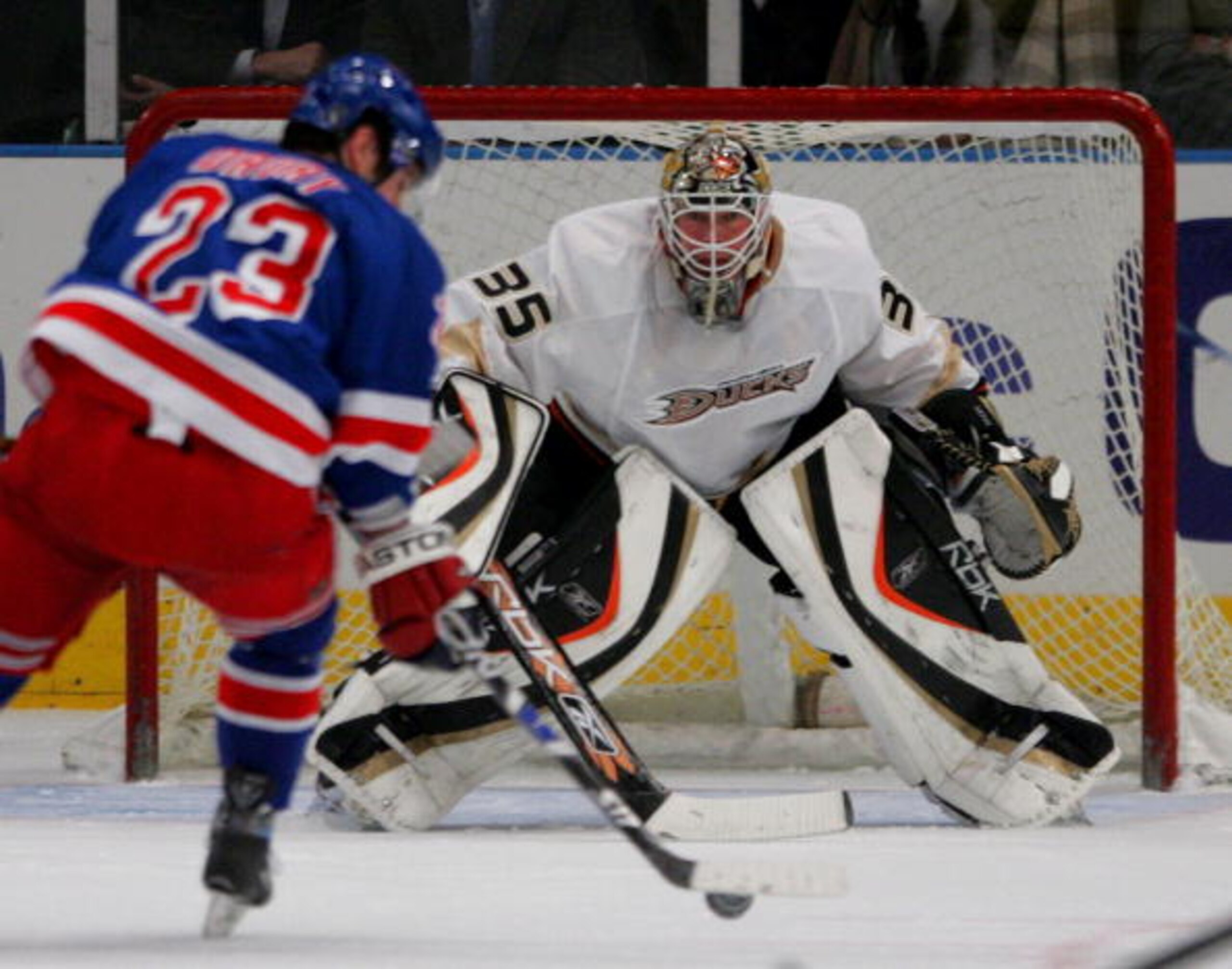 NEW YORK - FEBRUARY 07:  Jean-Sebastien Giguere #35 of the Anaheim Ducks waits for the shot from Chris Drury #23 of the New York Rangers on February 7, 2008 at Madison Square Garden in New York City.  (Photo by Bruce Bennett/Getty Images)