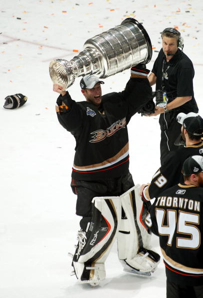 ANAHEIM, CA - JUNE 06:  Goaltender Jean-Sebastien Giguere #35 of the Anaheim Ducks hoists the Stanley Cup after his team's victory over the Ottawa Senators 6-2 in Game Five of the n June 6, 2007 at Honda Center in Anaheim, California.  (Photo by Bruce Ben