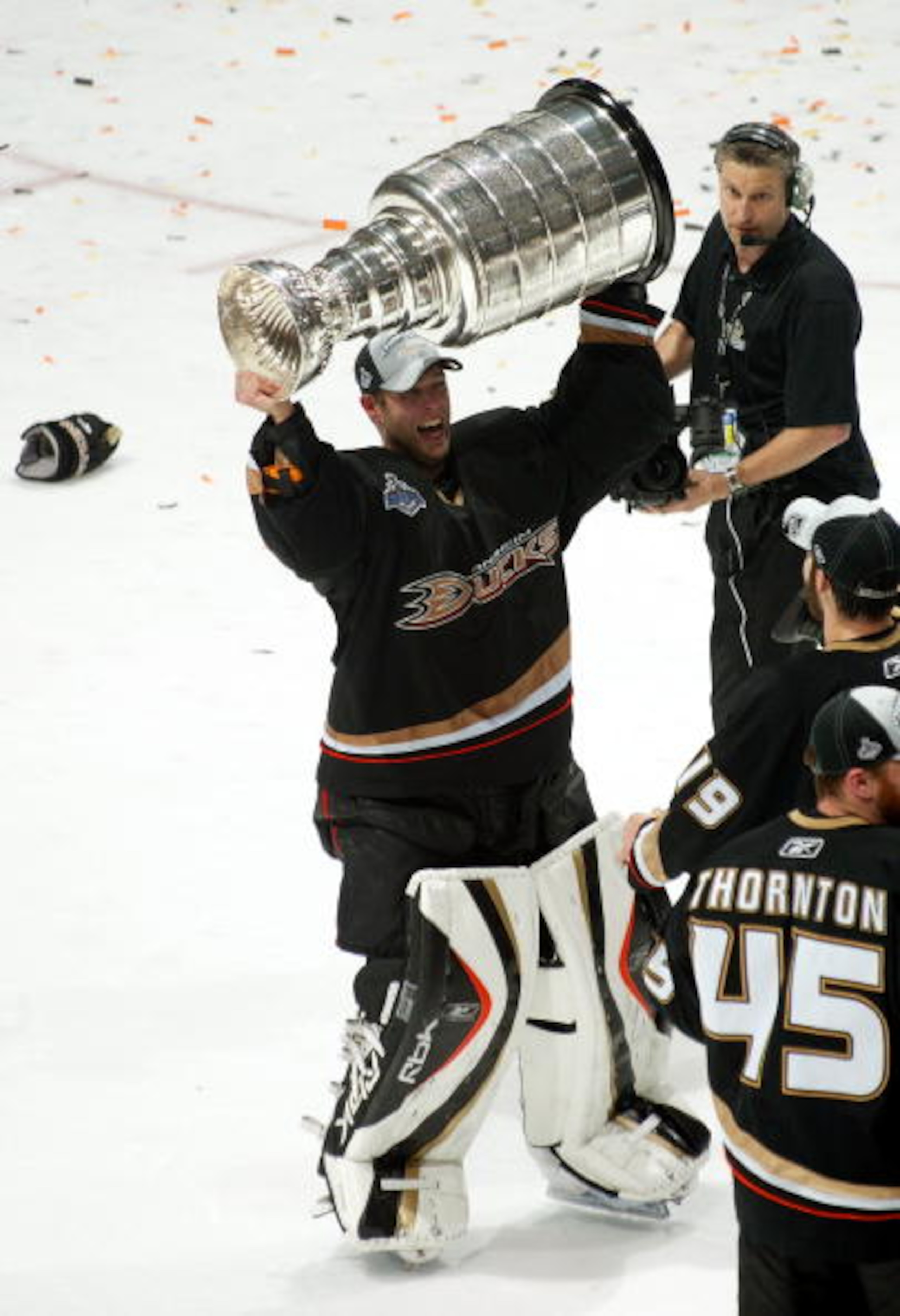 ANAHEIM, CA - JUNE 06:  Goaltender Jean-Sebastien Giguere #35 of the Anaheim Ducks hoists the Stanley Cup after his team's victory over the Ottawa Senators 6-2 in Game Five of the n June 6, 2007 at Honda Center in Anaheim, California.  (Photo by Bruce Ben