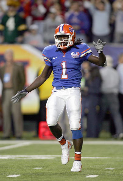 ATLANTA - DECEMBER 2:  Reggie Nelson #1 of the Florida Gators gets ready on the field against the Arkansas Razorbacks during the 2006 SEC Championship Game at the Georgia Dome on December 2, 2006 in Atlanta, Georgia. (Photo by Ronald Martinez/Getty Images