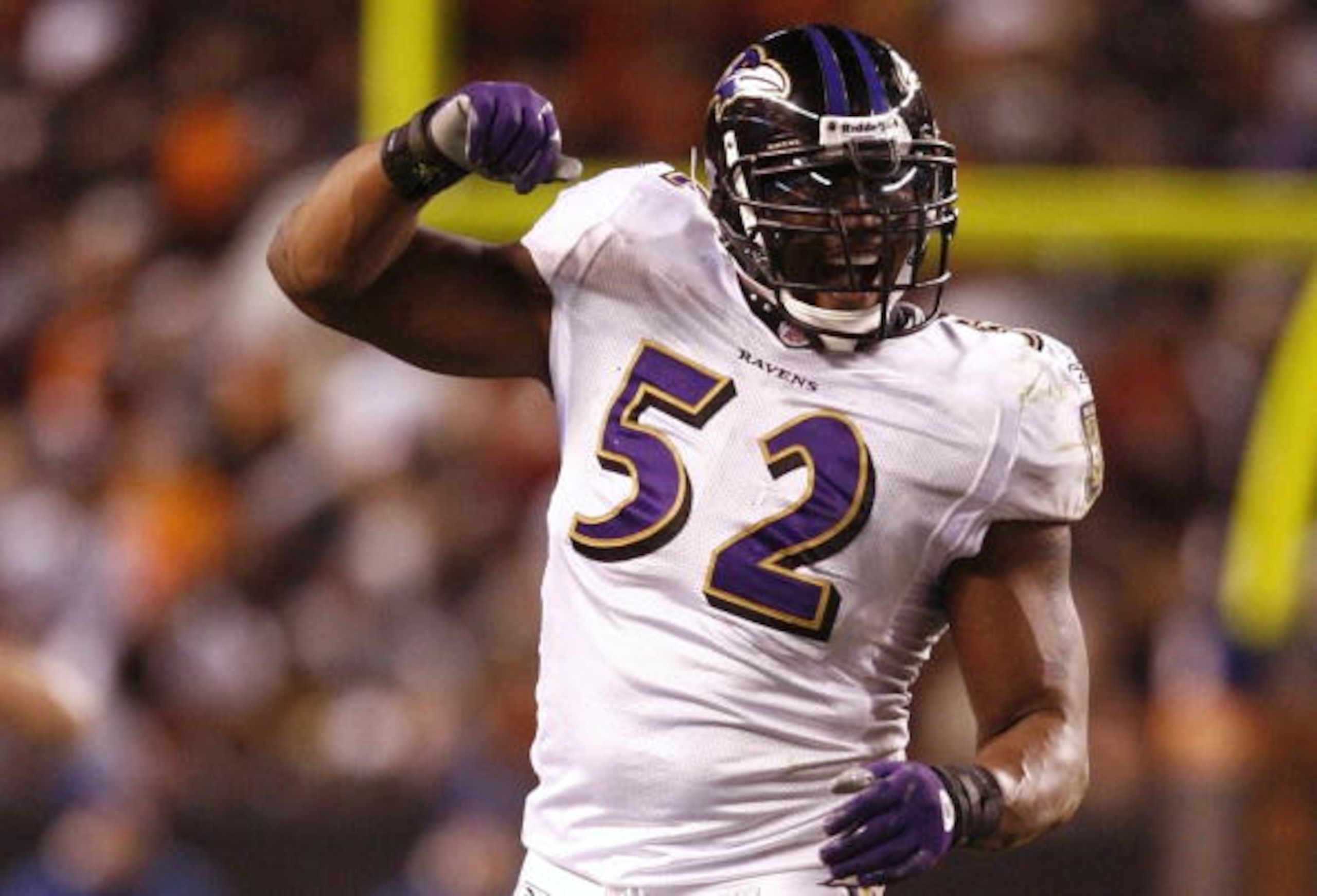 CLEVELAND - NOVEMBER 16: Ray Lewis #52 of the Baltimore Ravens celebrates a defensive stop in the third quarter against the Cleveland Browns at Cleveland Browns Stadium on November 16, 2009 in Cleveland, Ohio.  (Photo by Matt Sullivan/Getty Images)
