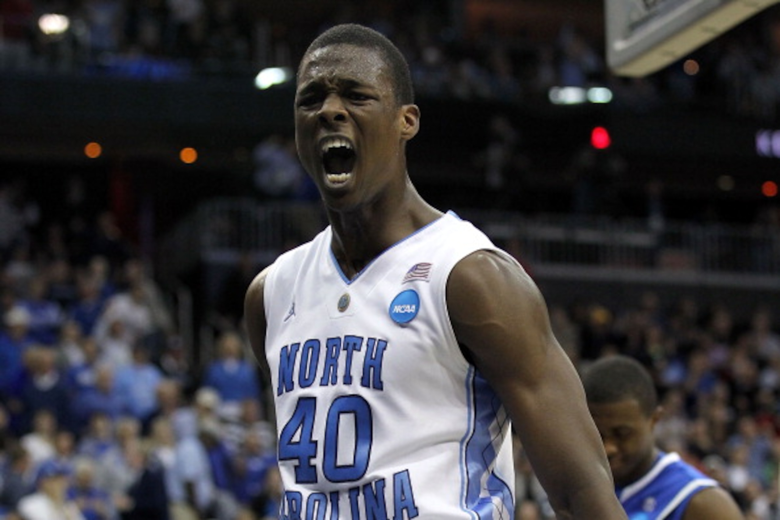 NEWARK, NJ - MARCH 27: Harrison Barnes #40 of the North Carolina Tar Heels reacts after a play during the second half of the game against the Kentucky Wildcats in the east regional final of the 2011 NCAA men's basketball tournament at Prudential Center o NEWARK, NJ - MARCH 27: Harrison Barnes #40 of the North Carolina Tar Heels reacts after a play during the second half of the game against the Kentucky Wildcats in the east regional final of the 2011 NCAA men's basketball tournament at Prudential Center o