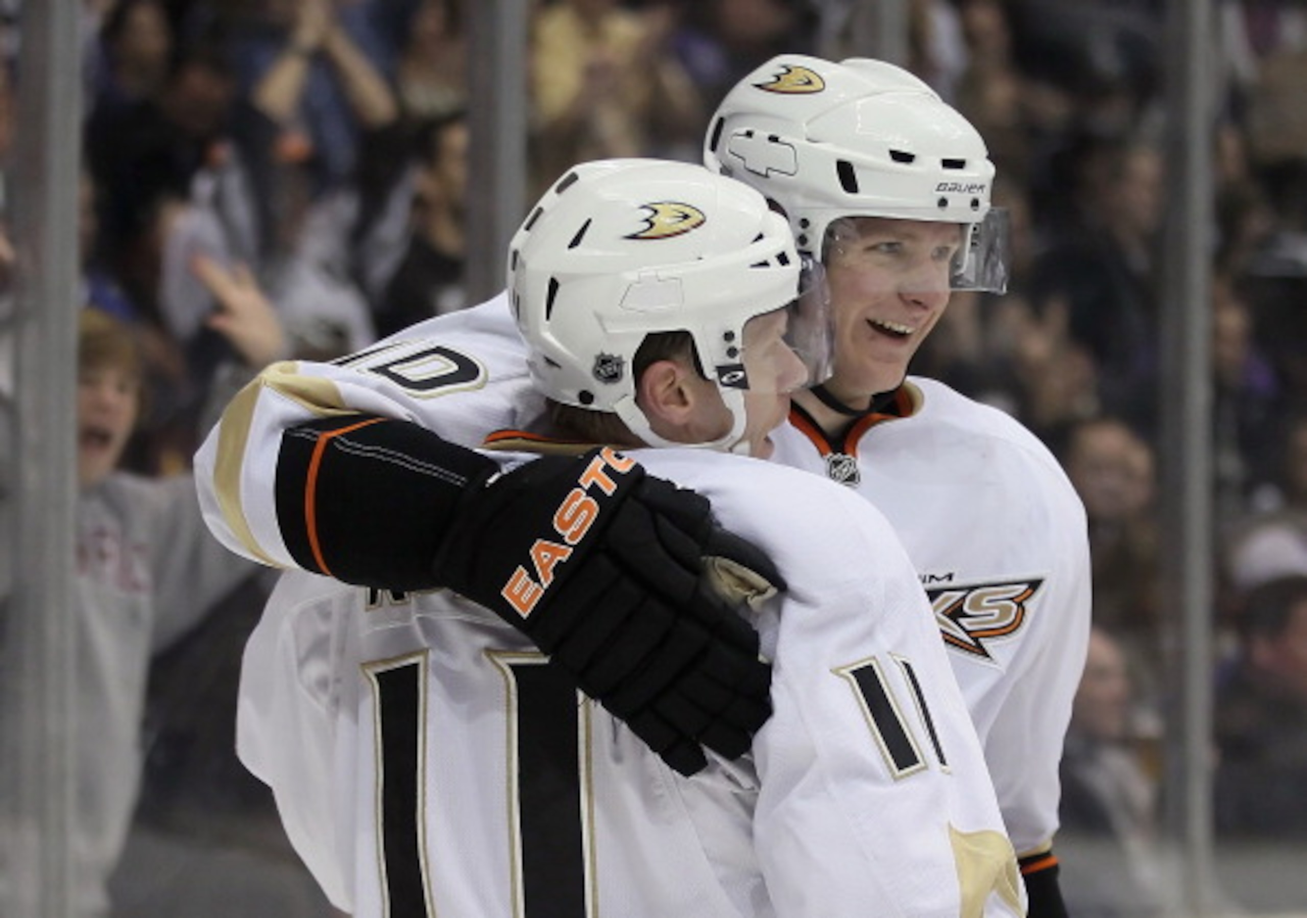 LOS ANGELES, CA - APRIL 09:  Saku Koivu (L) #11 and Corey Perry #10 of the Anaheim Ducks celebrate Koivu's goal in the first period against the Los Angeles Kings at Staples Center on April 9, 2011 in Los Angeles, California.  (Photo by Jeff Gross/Getty Im