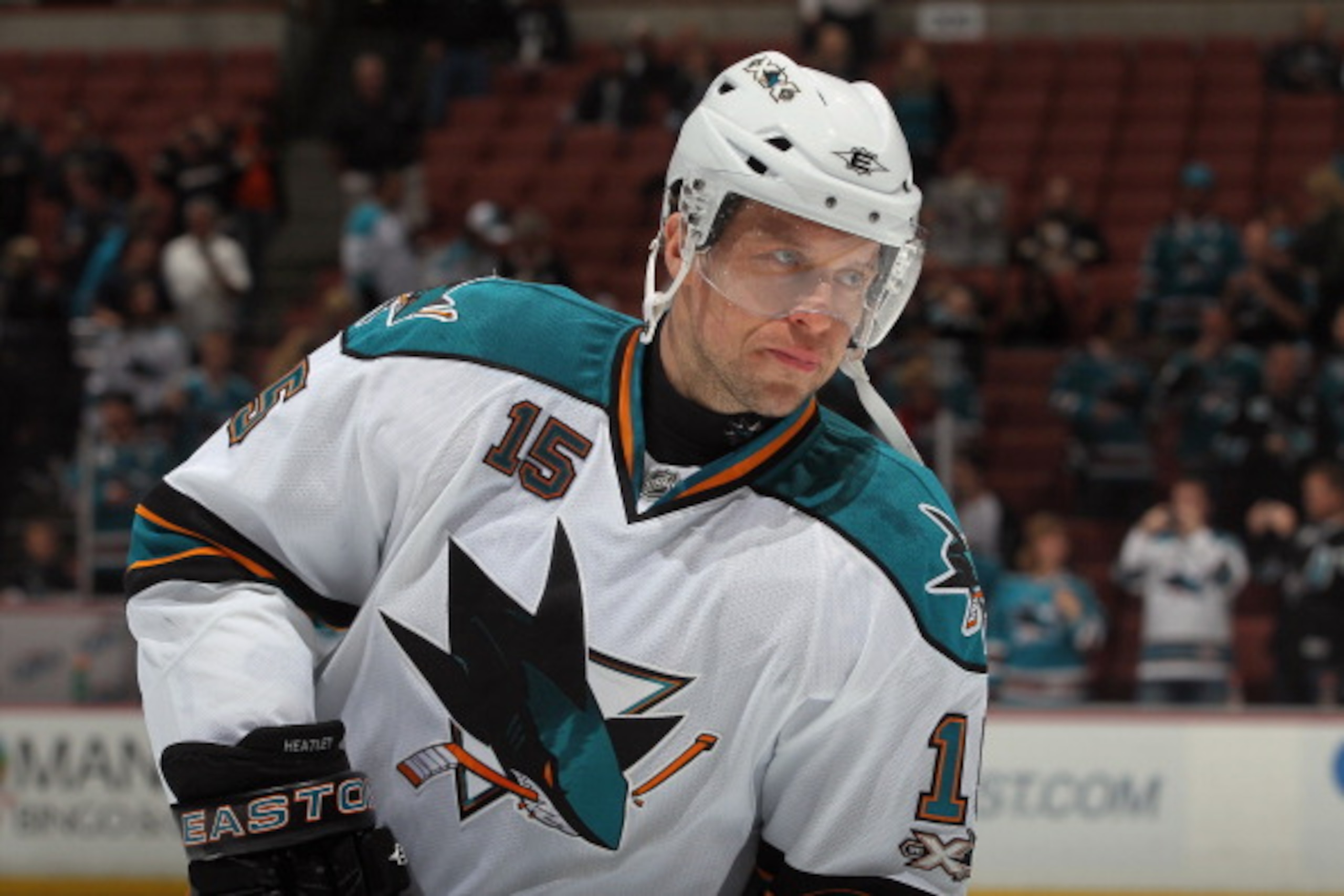 ANAHEIM, CA - APRIL 06:  Dany Heatley #15 of the San Jose Sharks looks on prior to the start of the game against the Anaheim Ducks at Honda Center on April 6, 2011 in Anaheim, California.  (Photo by Jeff Gross/Getty Images)