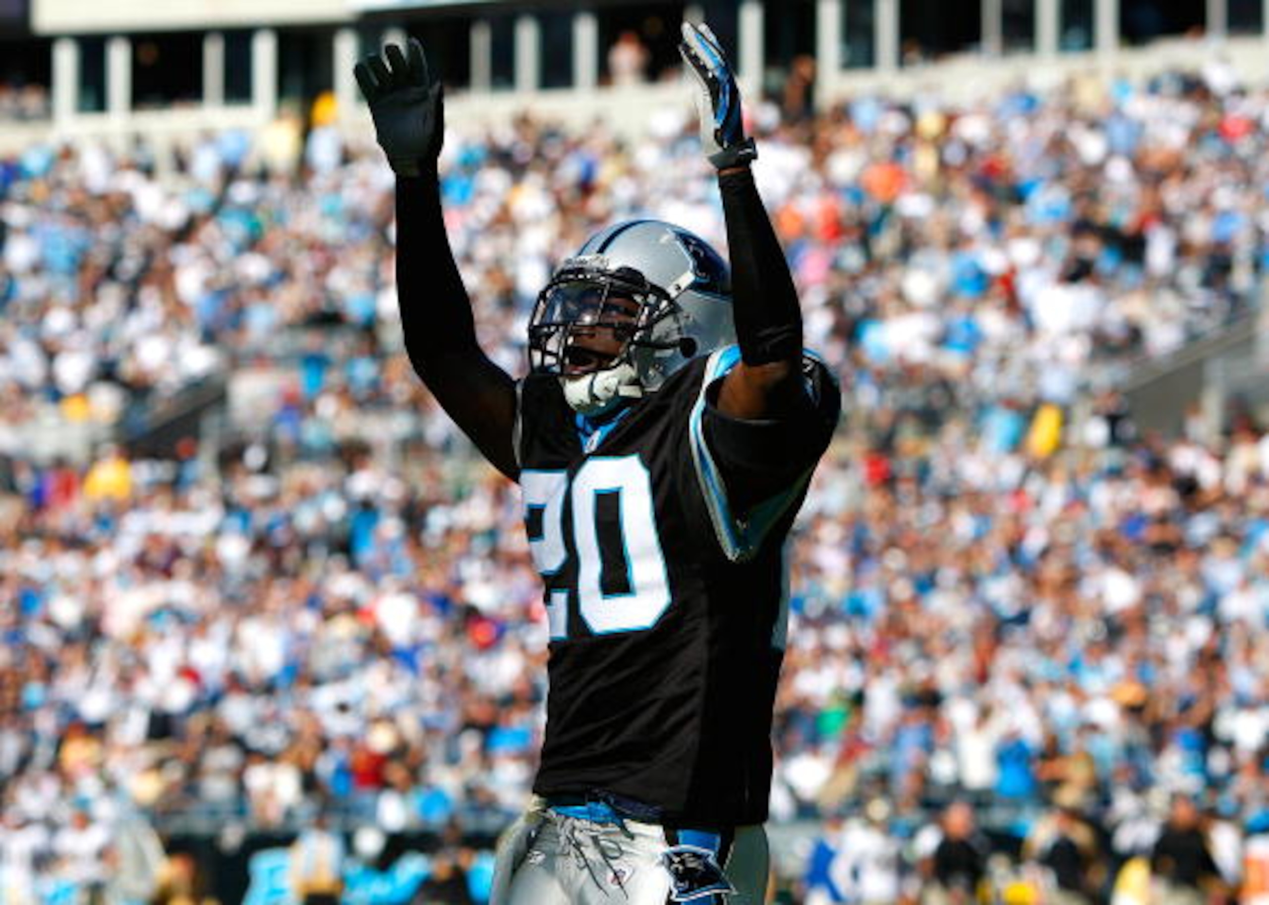 CHARLOTTE, NC - OCTOBER 19:  Cornerback Chris Gamble #20 of the Carolina Panthers reacts after a defensive stop on fourth and goal by the New Orleans Saints during the game at Bank of America Stadium on October 19, 2008 in Charlotte, North Carolina.  (Pho
