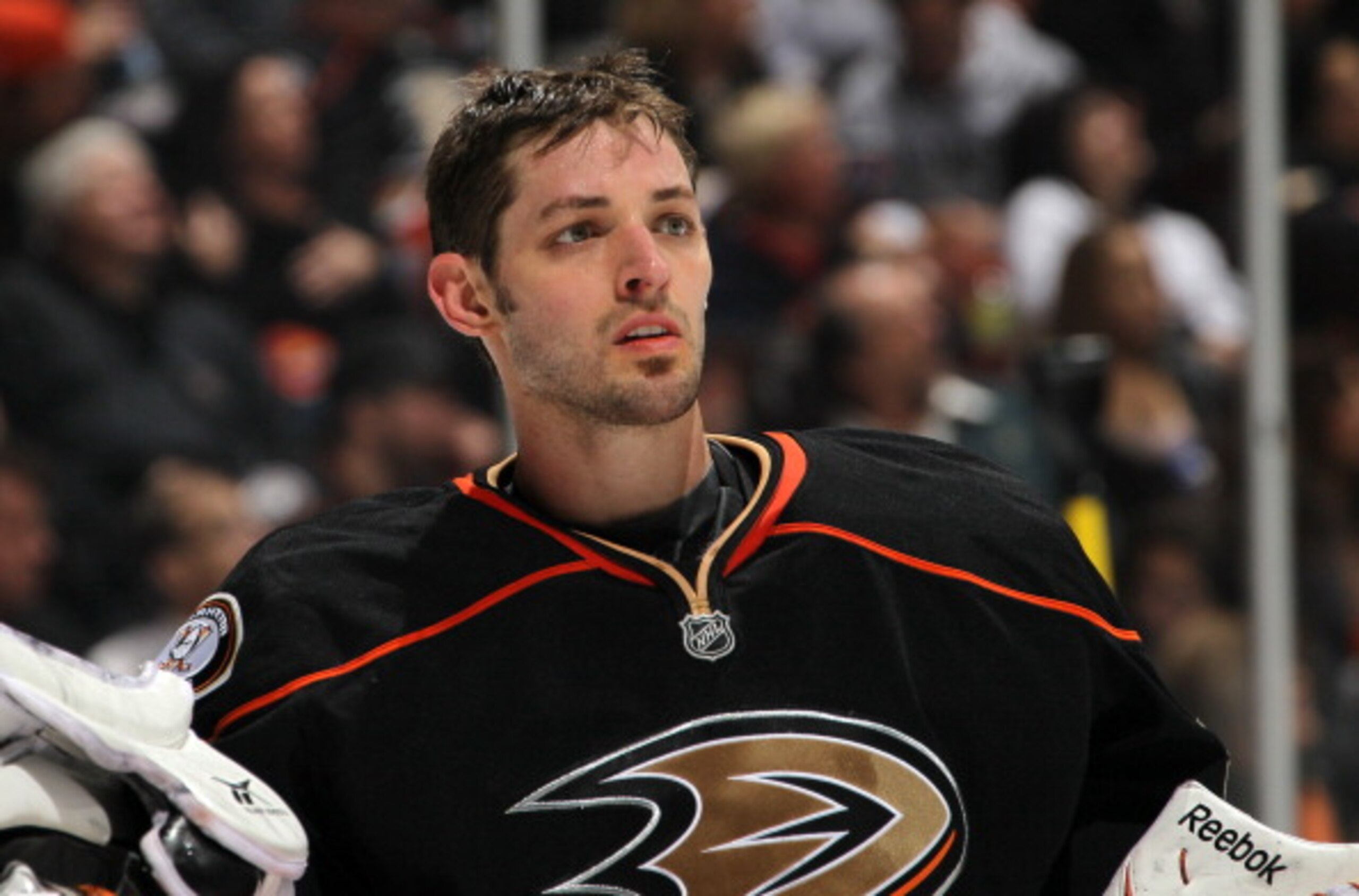 ANAHEIM, CA - APRIL 08:  Goalie Dan Ellis #38 of the Anaheim Ducks waits during a time out in the game against the Los Angeles King at Honda Center on April 8, 2011 in Anaheim, California. The Ducks won 2-1 to clinch a berth in the playoffs.  (Photo by St