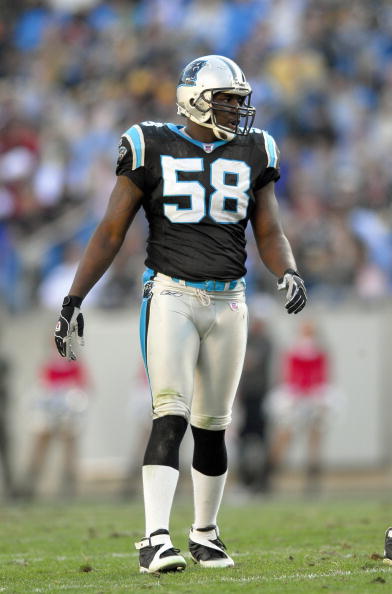CHARLOTTE, NC - DECEMBER 17: Thomas Davis #58 of the Carolina Panthers walks on the field during the game against the Pittsburgh Steelers on December 17, 2006 at Bank of America Stadium in Charlotte, North Carolina. The Steelers defeated the Panthers 37-3